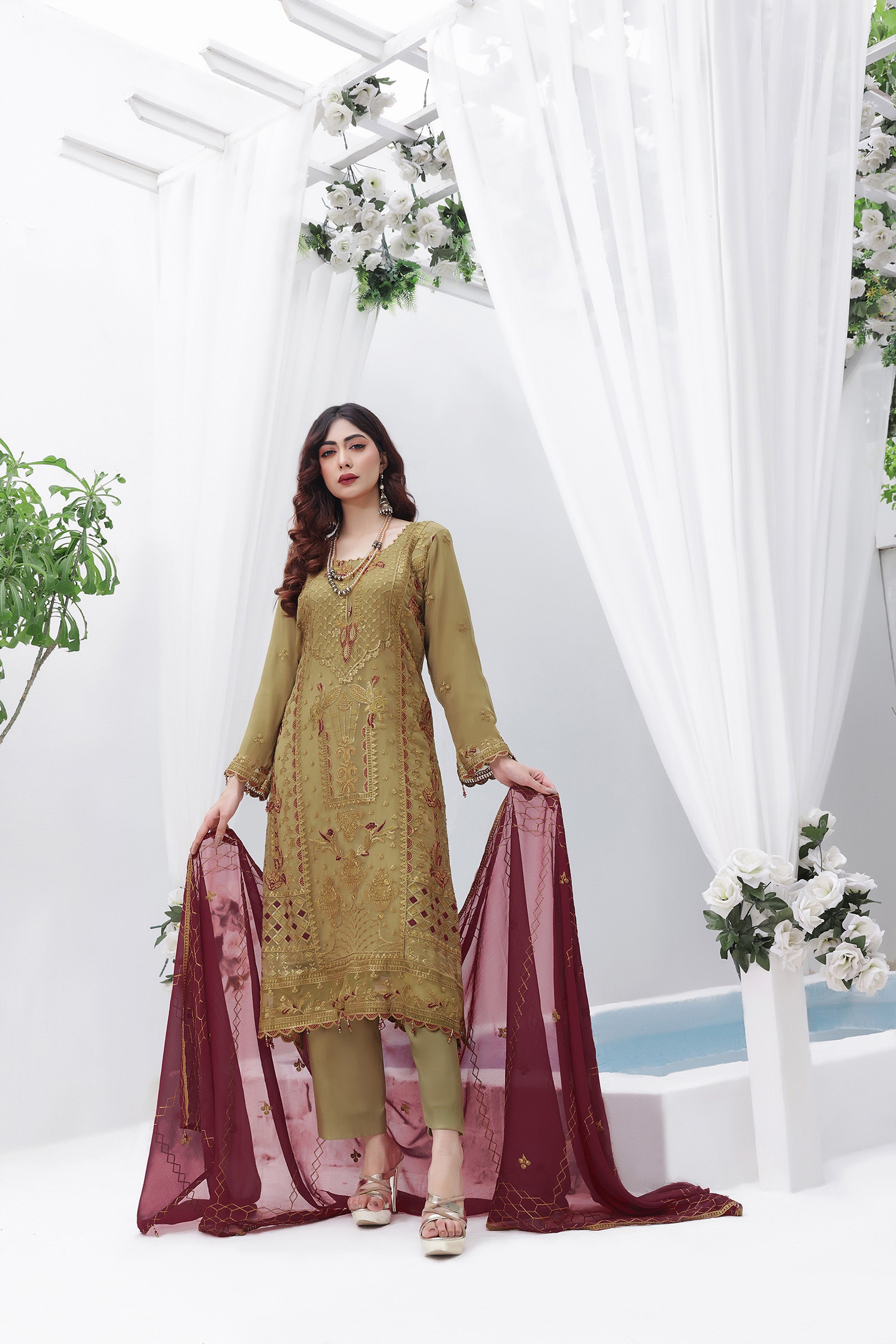 AZ BK -06 Medallion Brown 3 PIECE - EMBROIDERED Semi-stitched Chiffon Suit