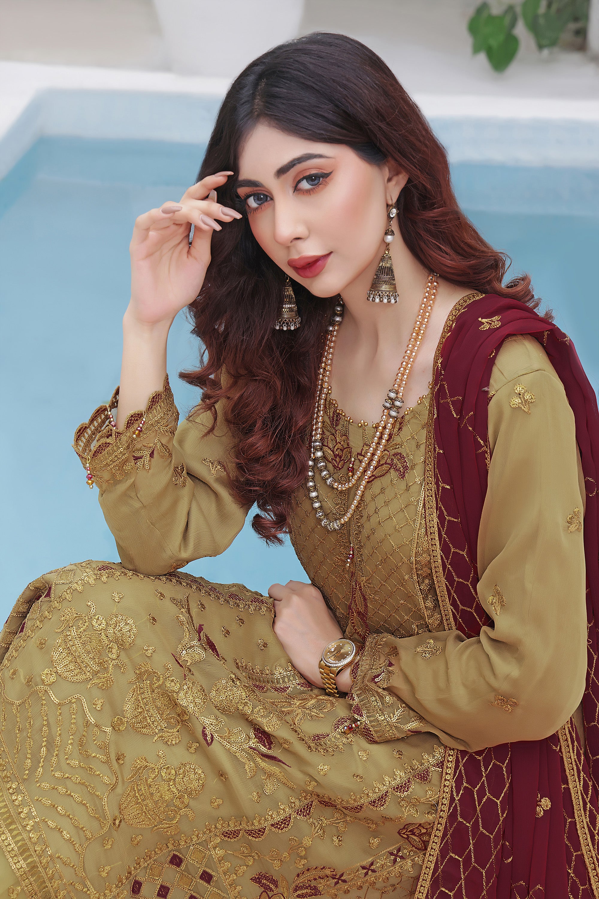 AZ BK -06 Medallion Brown 3 PIECE - EMBROIDERED Semi-stitched Chiffon Suit