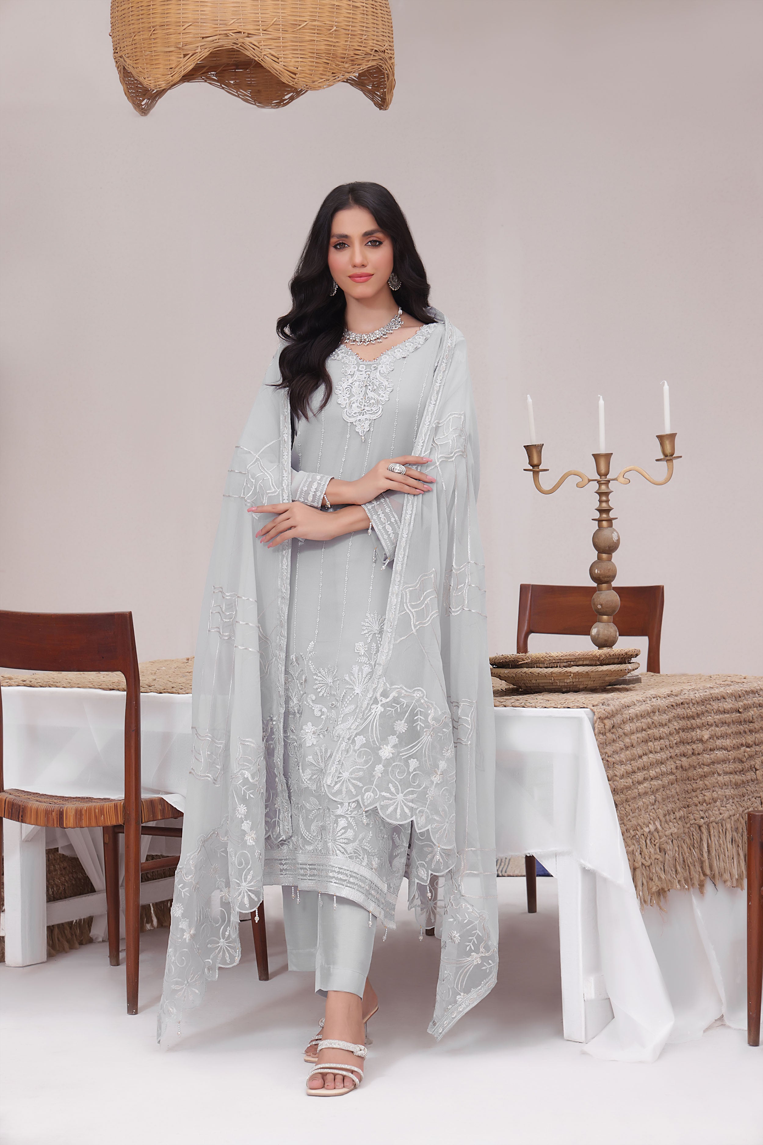 DN BK -03 Bright Grey 3 PIECE - EMBROIDERED Semi-stitched Chiffon Suit