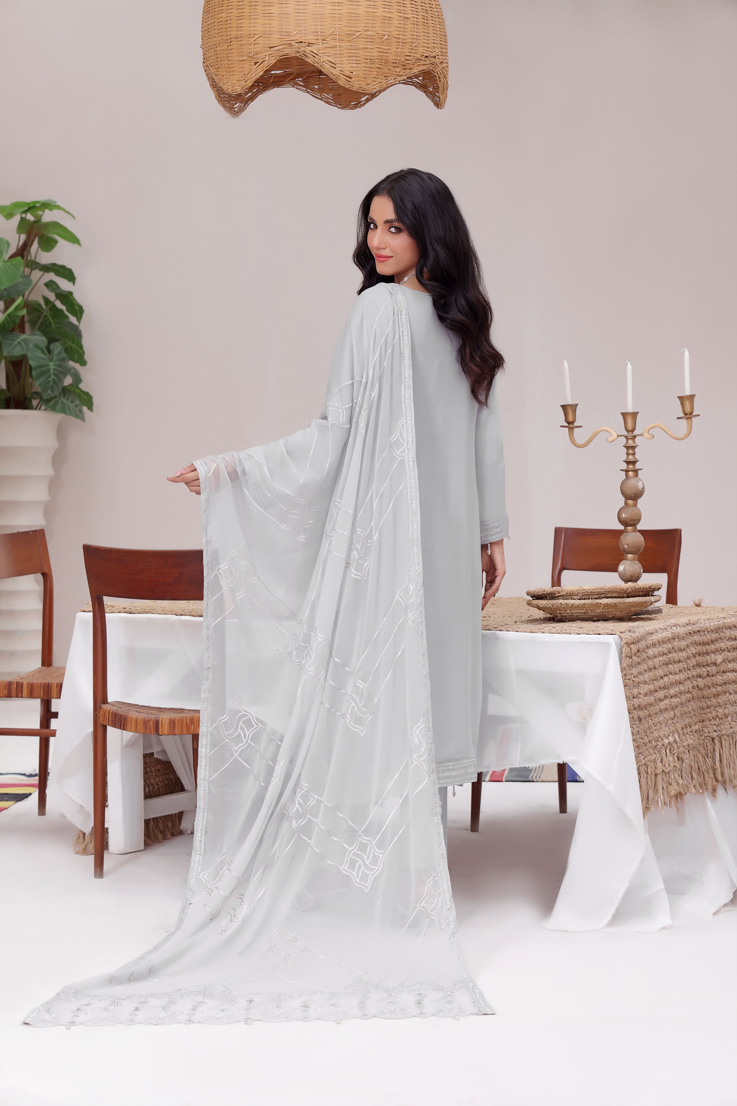 DN BK -03 Bright Grey 3 PIECE - EMBROIDERED Semi-stitched Chiffon Suit