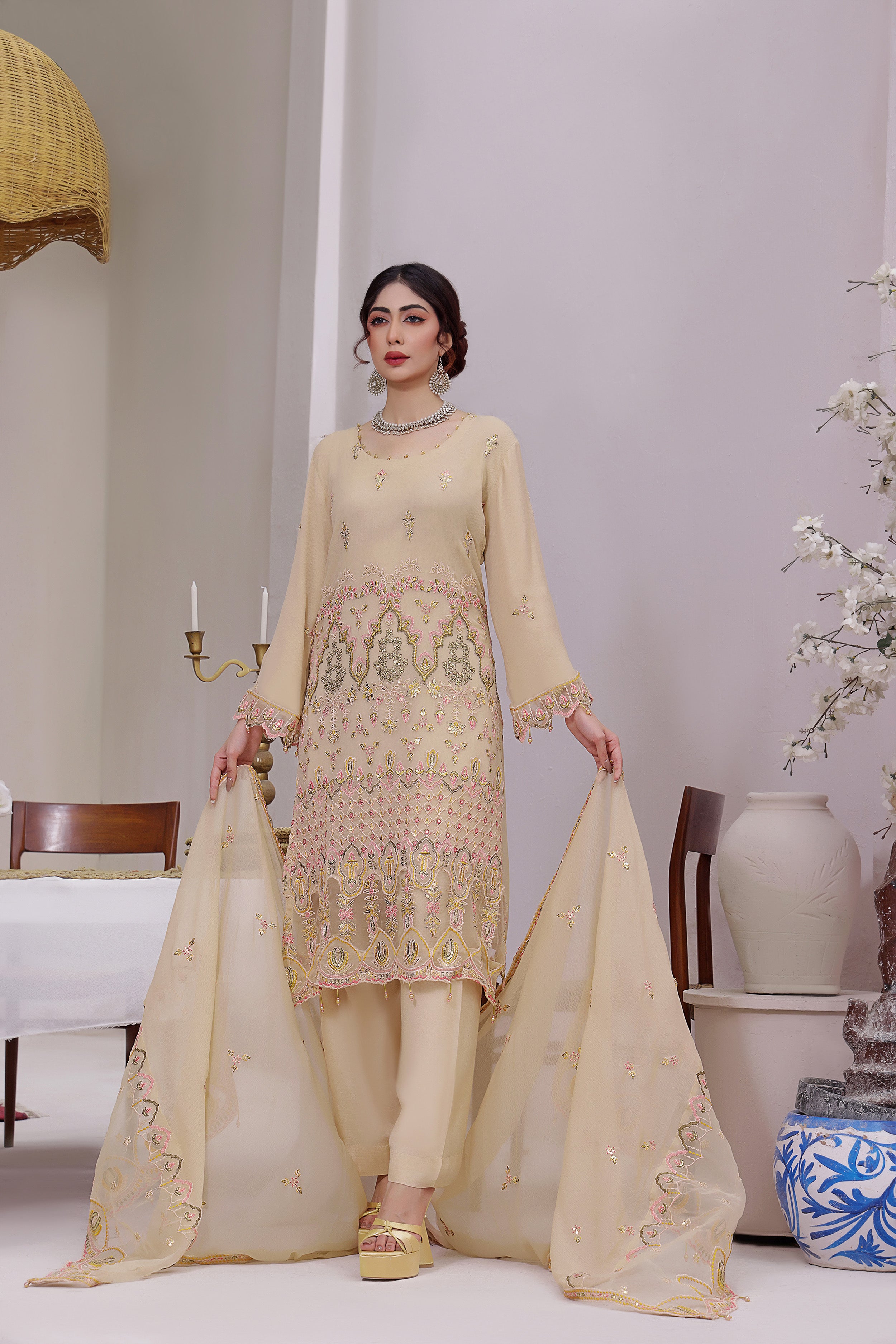 SBN BK -01 Coral Peach 3 PIECE - EMBROIDERED Semi-stitched Chiffon Suit