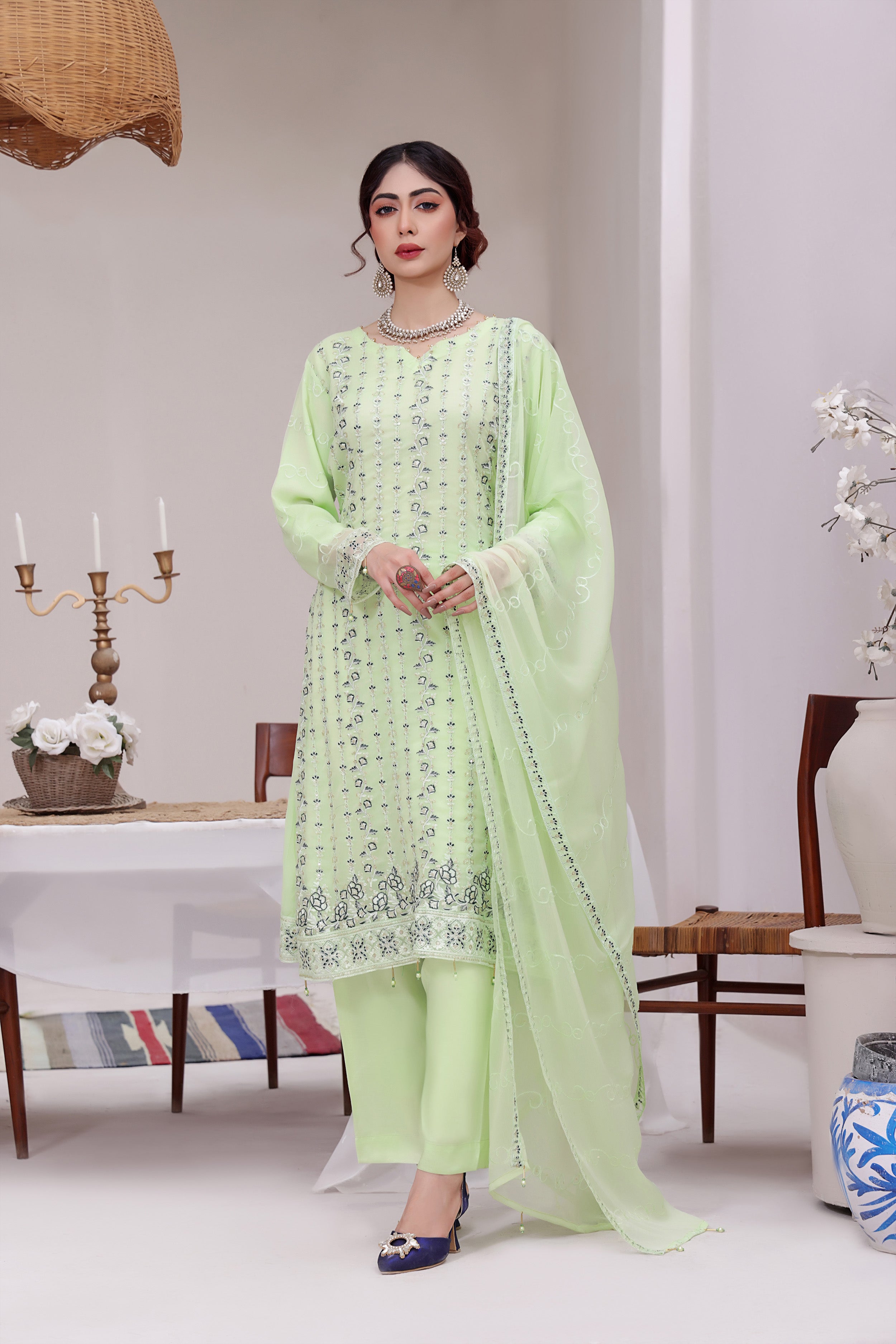 SBN BK -03 Light Green 3 PIECE  EMBROIDERED Semi-stitched Chiffon Suit