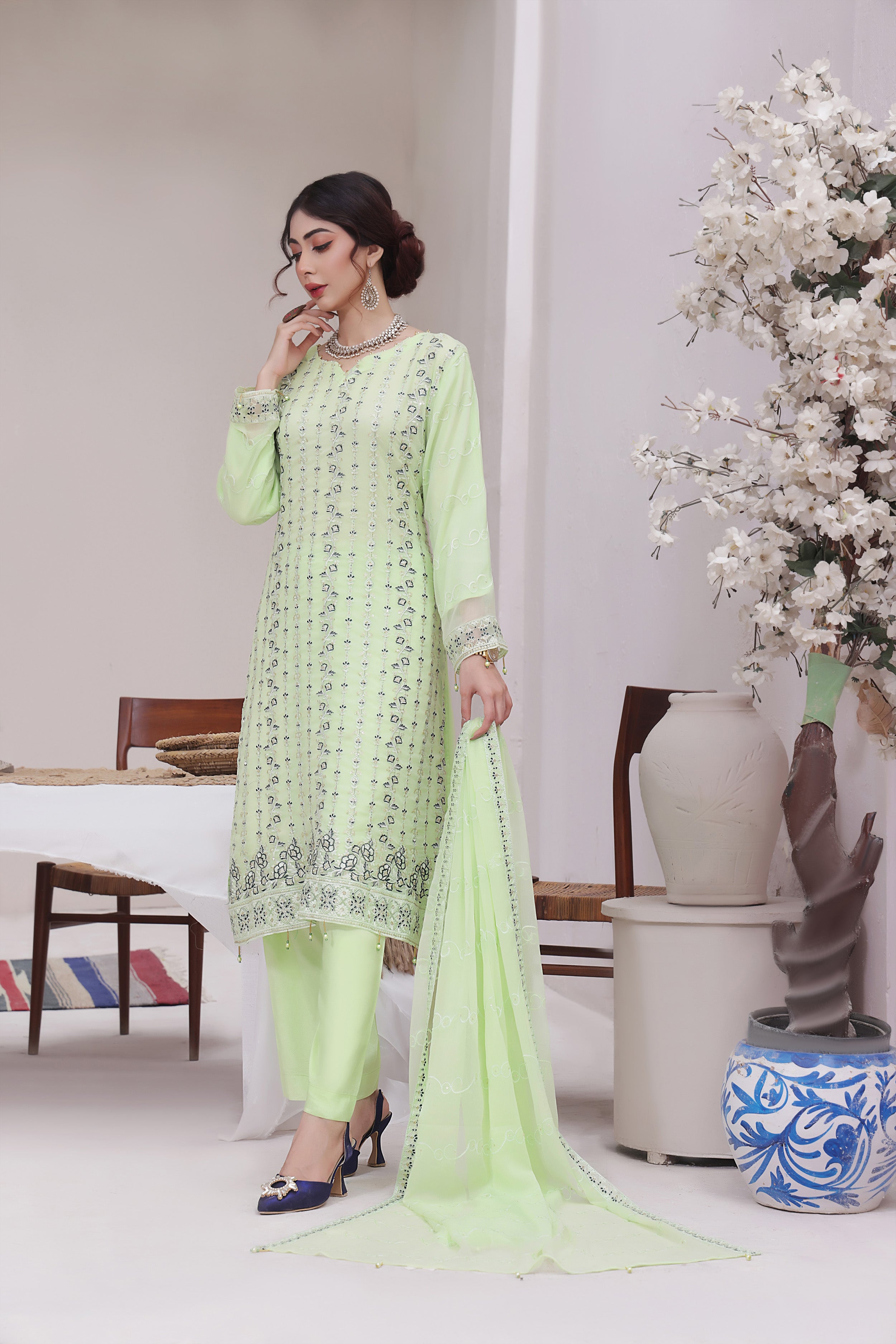 SBN BK -03 Light Green 3 PIECE  EMBROIDERED Semi-stitched Chiffon Suit