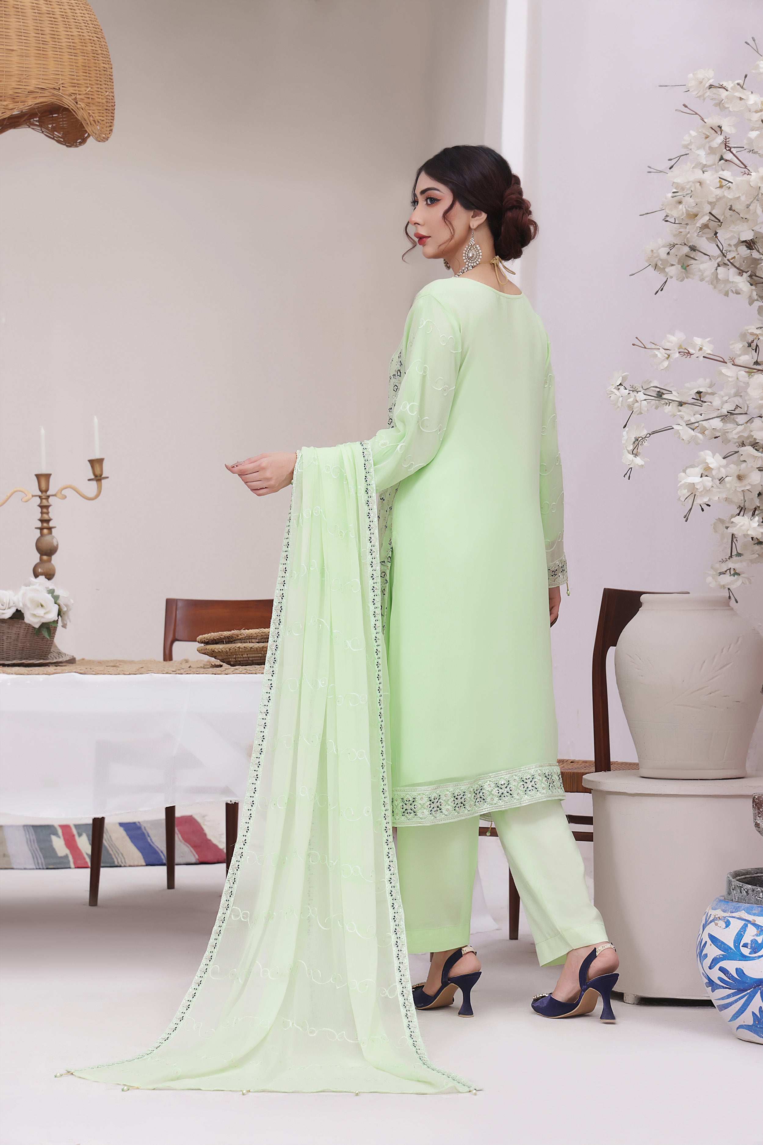 SBN BK -03 Light Green 3 PIECE  EMBROIDERED Semi-stitched Chiffon Suit