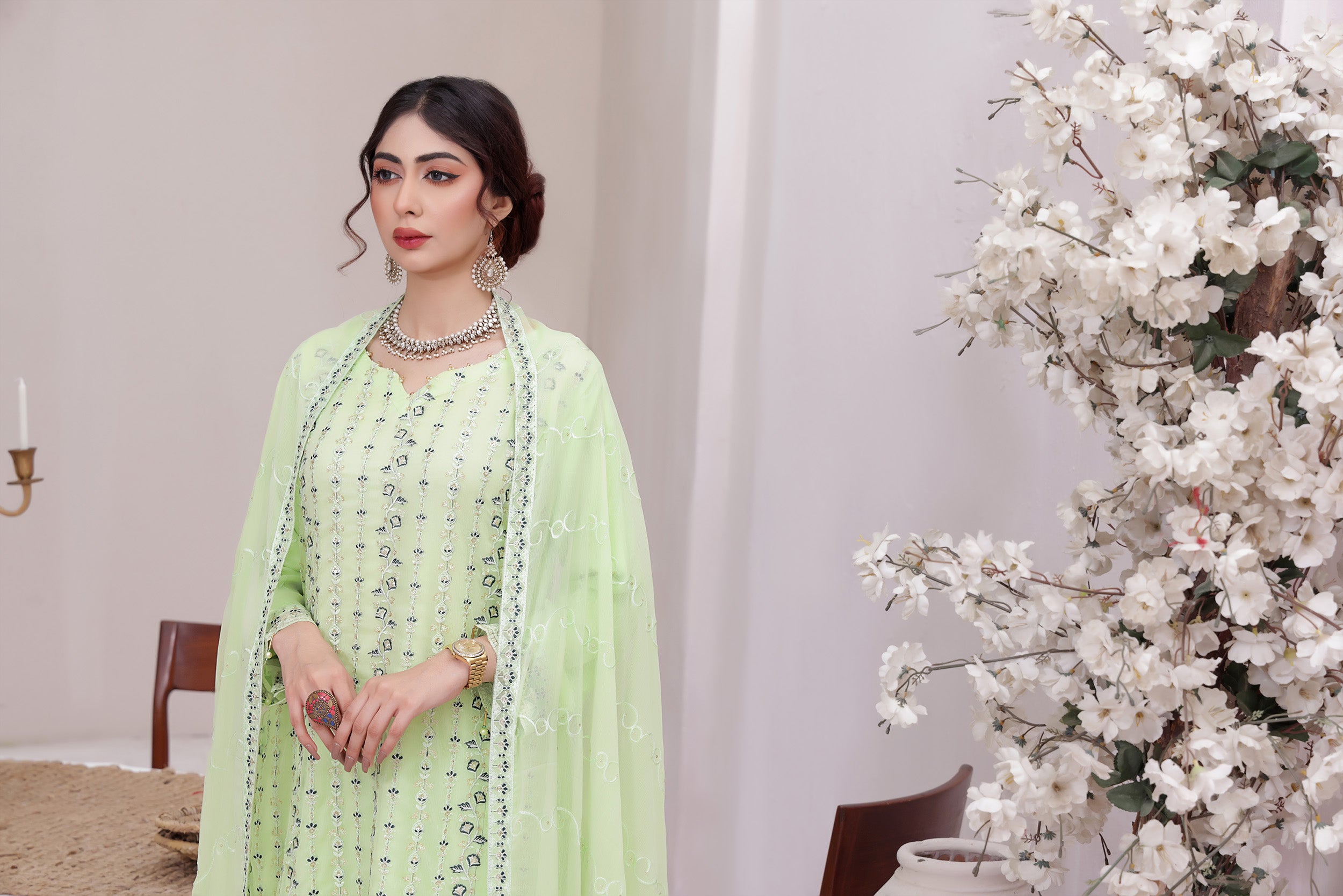 SBN BK -03 Light Green 3 PIECE  EMBROIDERED Semi-stitched Chiffon Suit