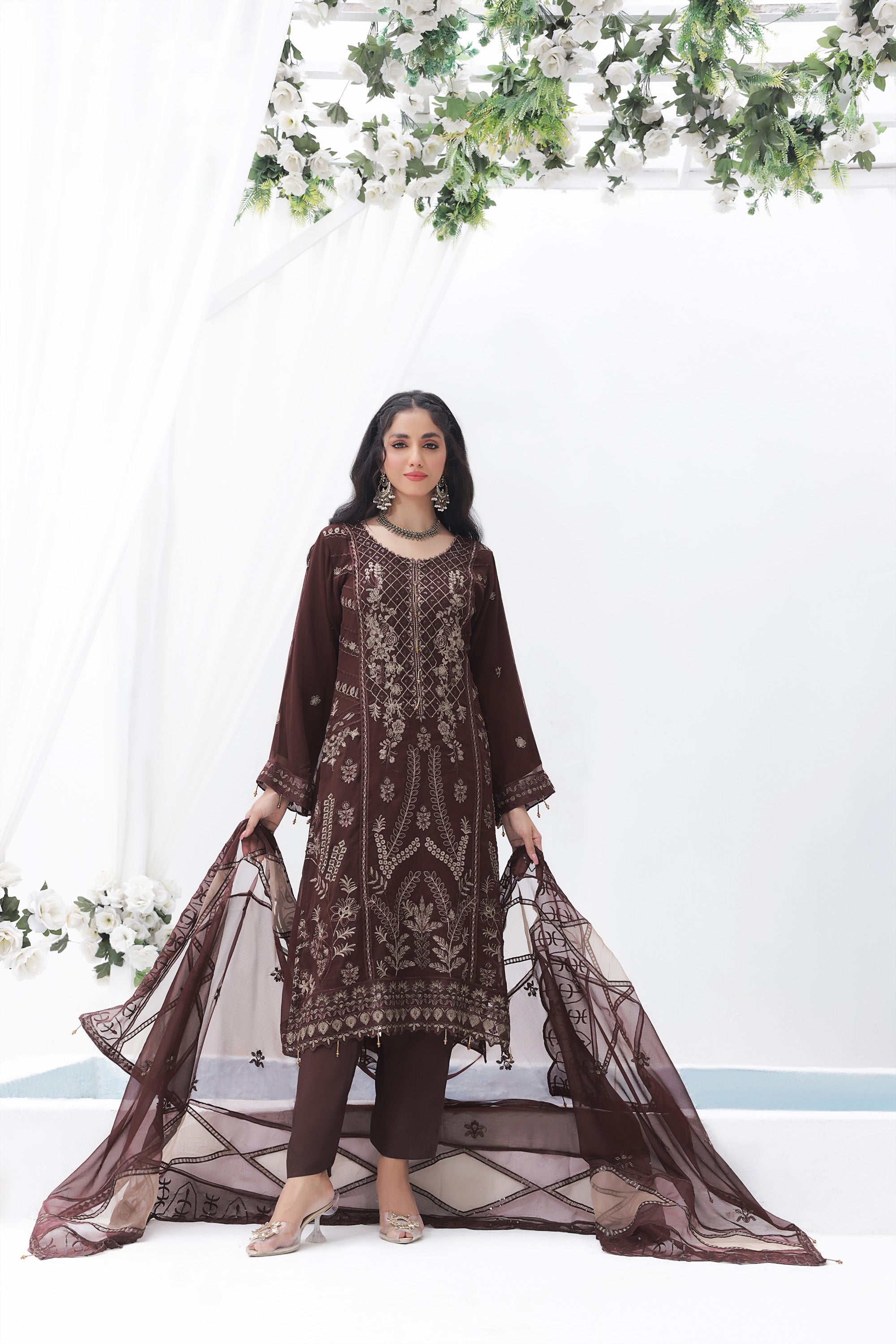 AZ BK -04 Umber Brown 3 PIECE - EMBROIDERED Semi-stitched Chiffon Suit