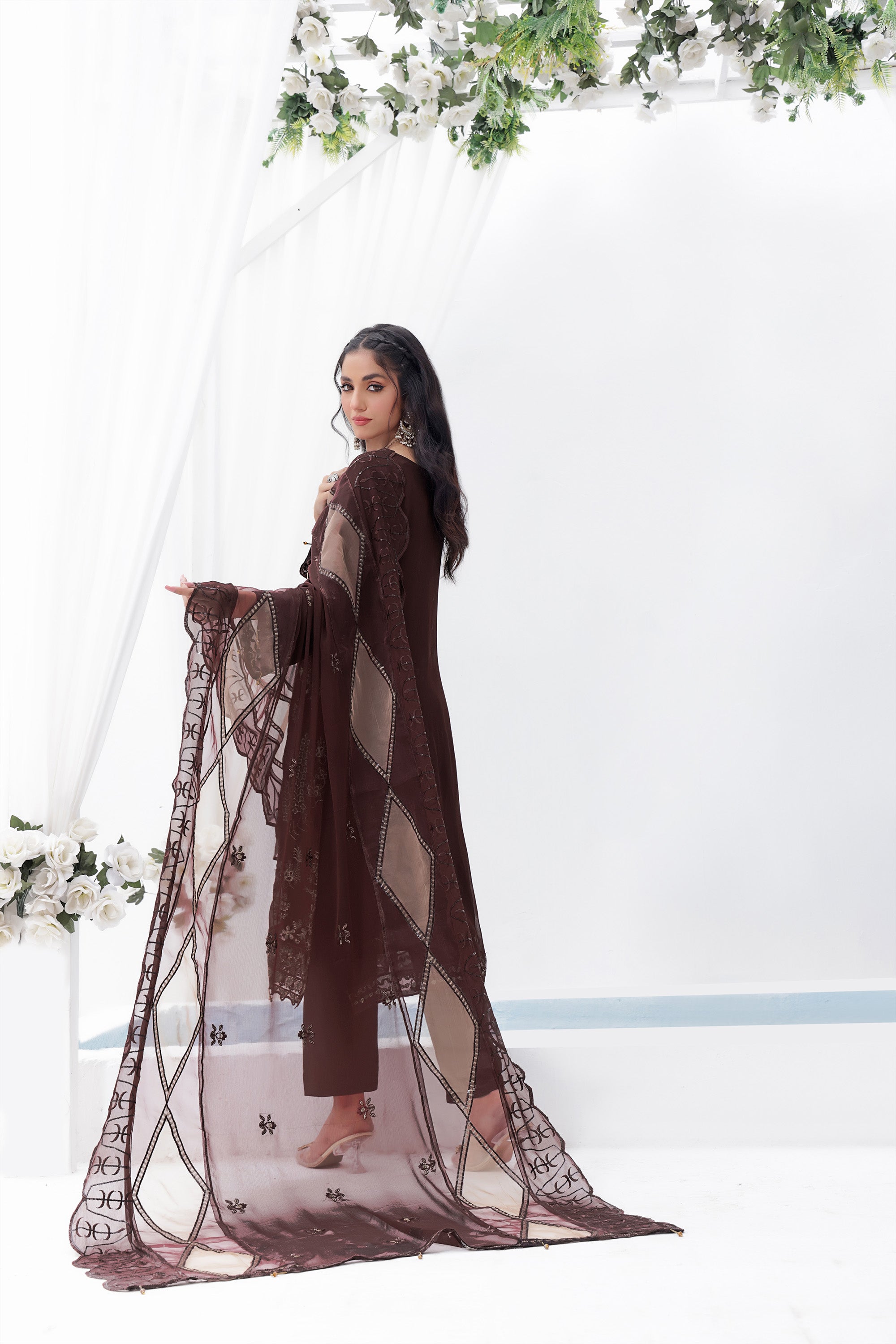 AZ BK -04 Umber Brown 3 PIECE - EMBROIDERED Semi-stitched Chiffon Suit