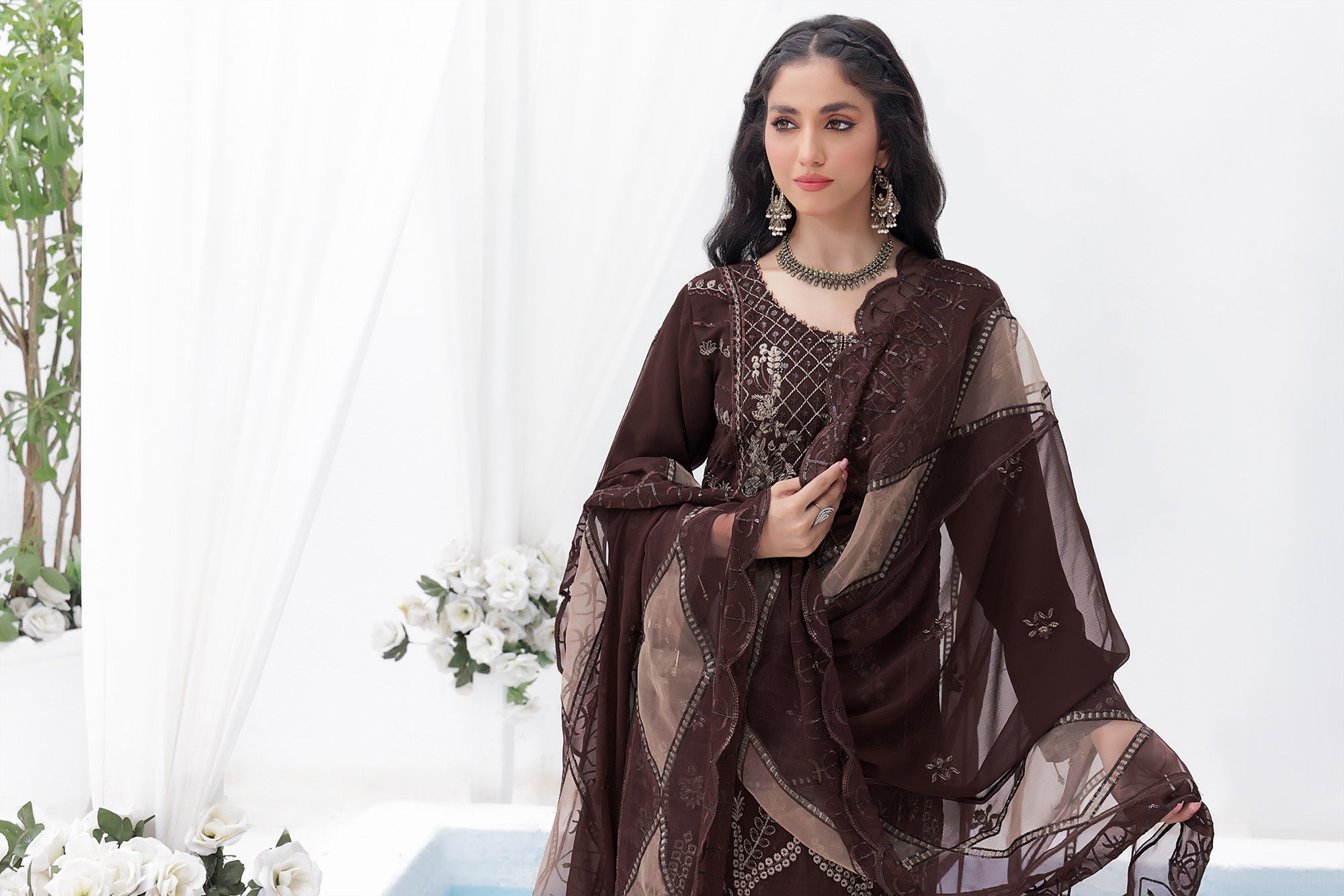 AZ BK -04 Umber Brown 3 PIECE - EMBROIDERED Semi-stitched Chiffon Suit