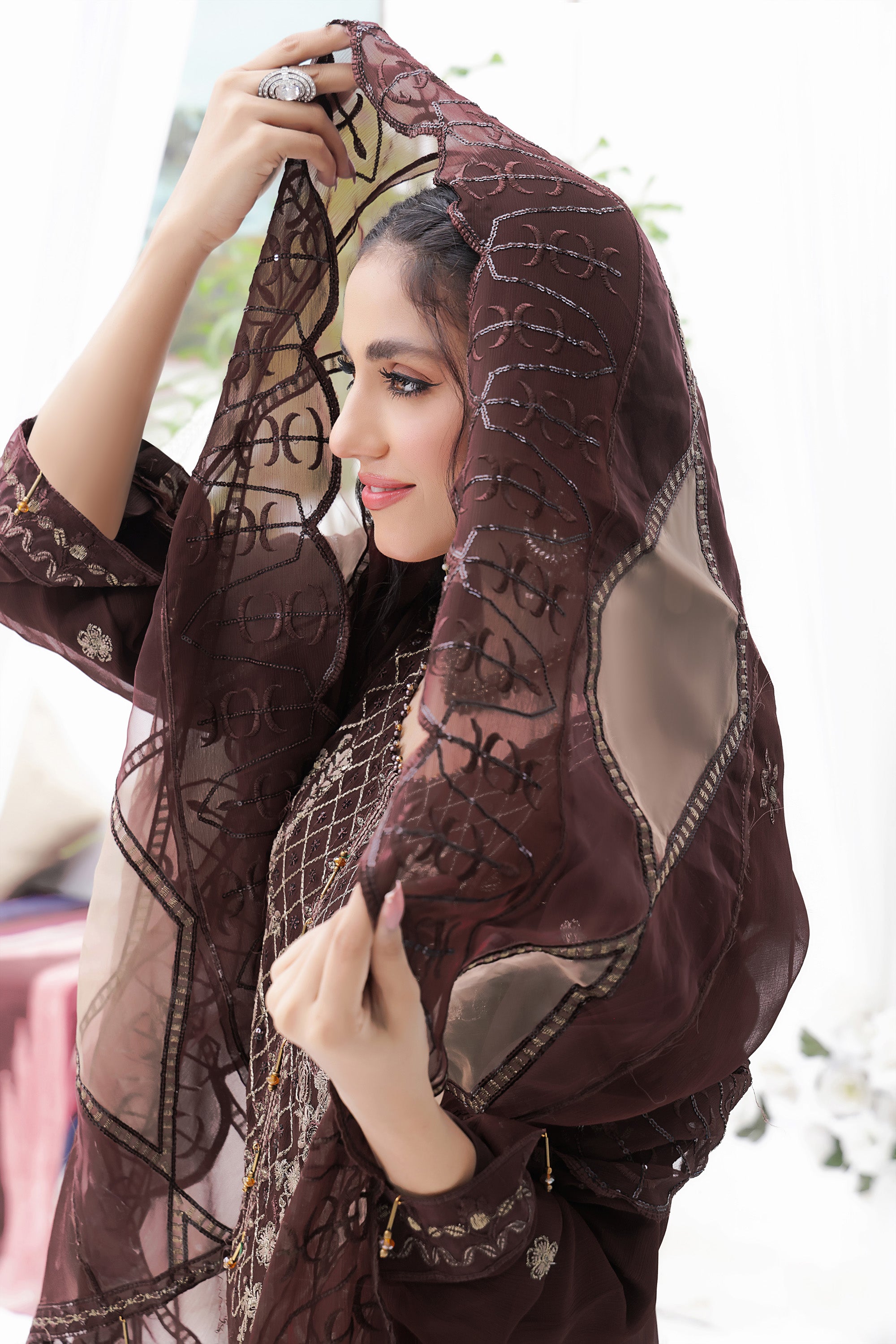 AZ BK -04 Umber Brown 3 PIECE - EMBROIDERED Semi-stitched Chiffon Suit