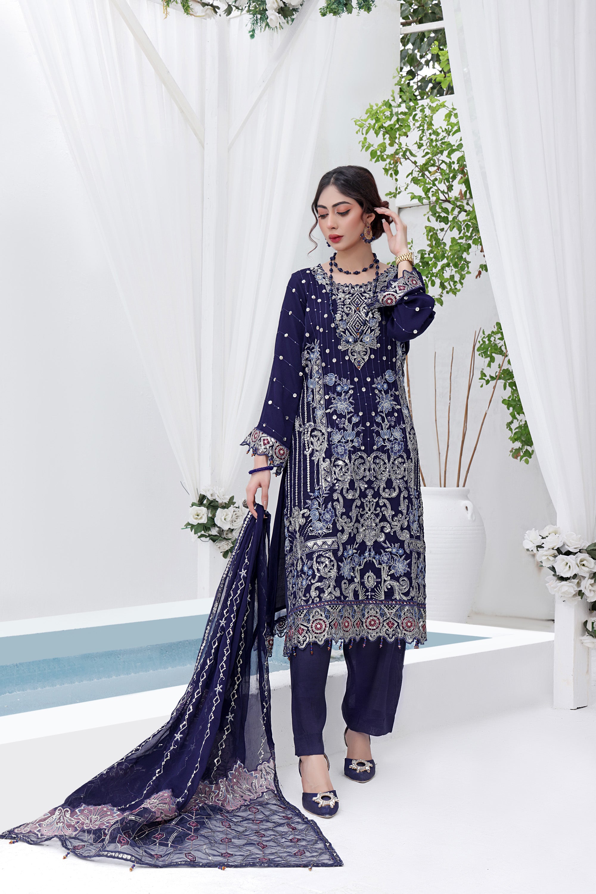 AZ BK -02 Indigo Blue 3 PIECE - EMBROIDERED Semi-stitched Chiffon Suit