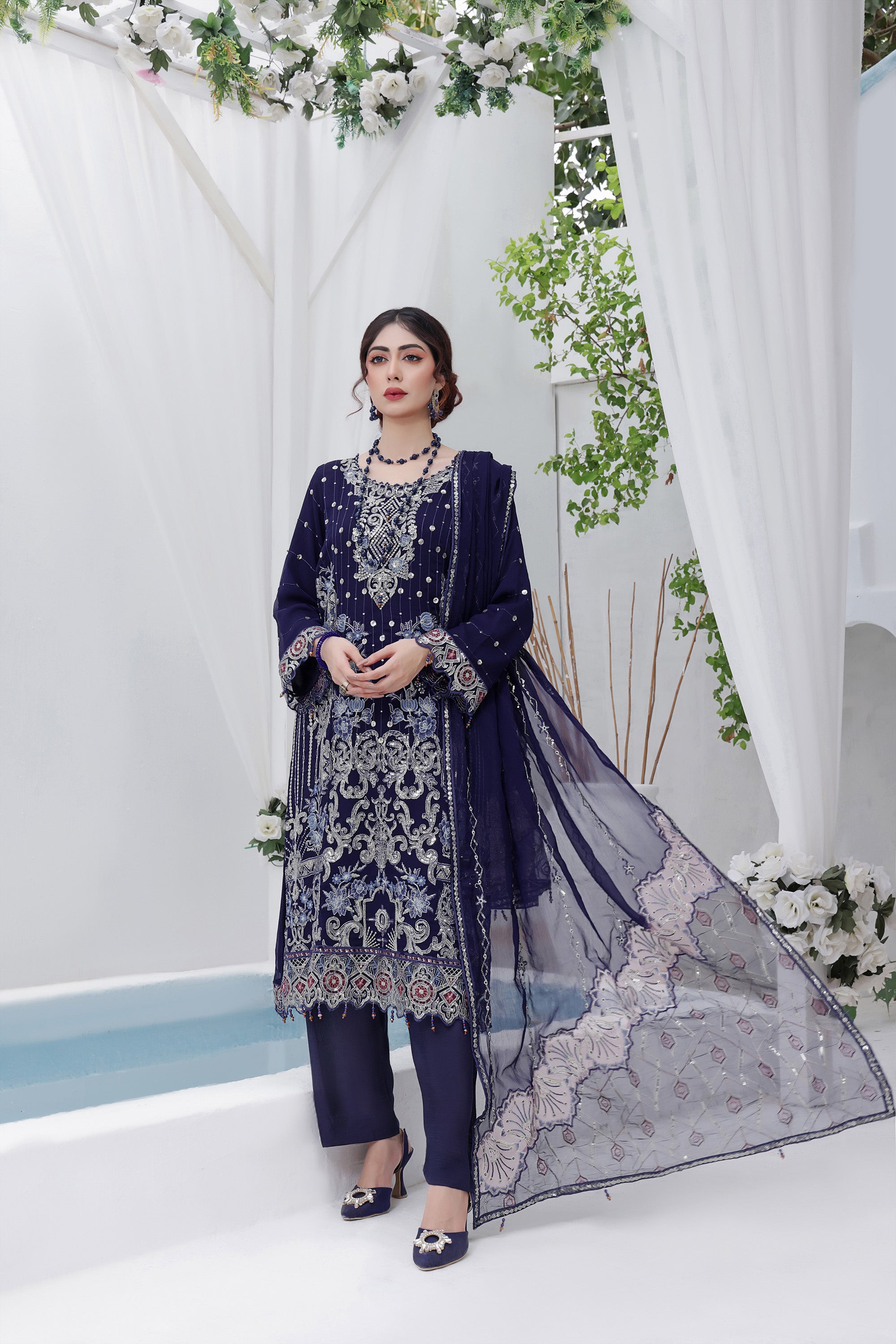 AZ BK -02 Indigo Blue 3 PIECE - EMBROIDERED Semi-stitched Chiffon Suit