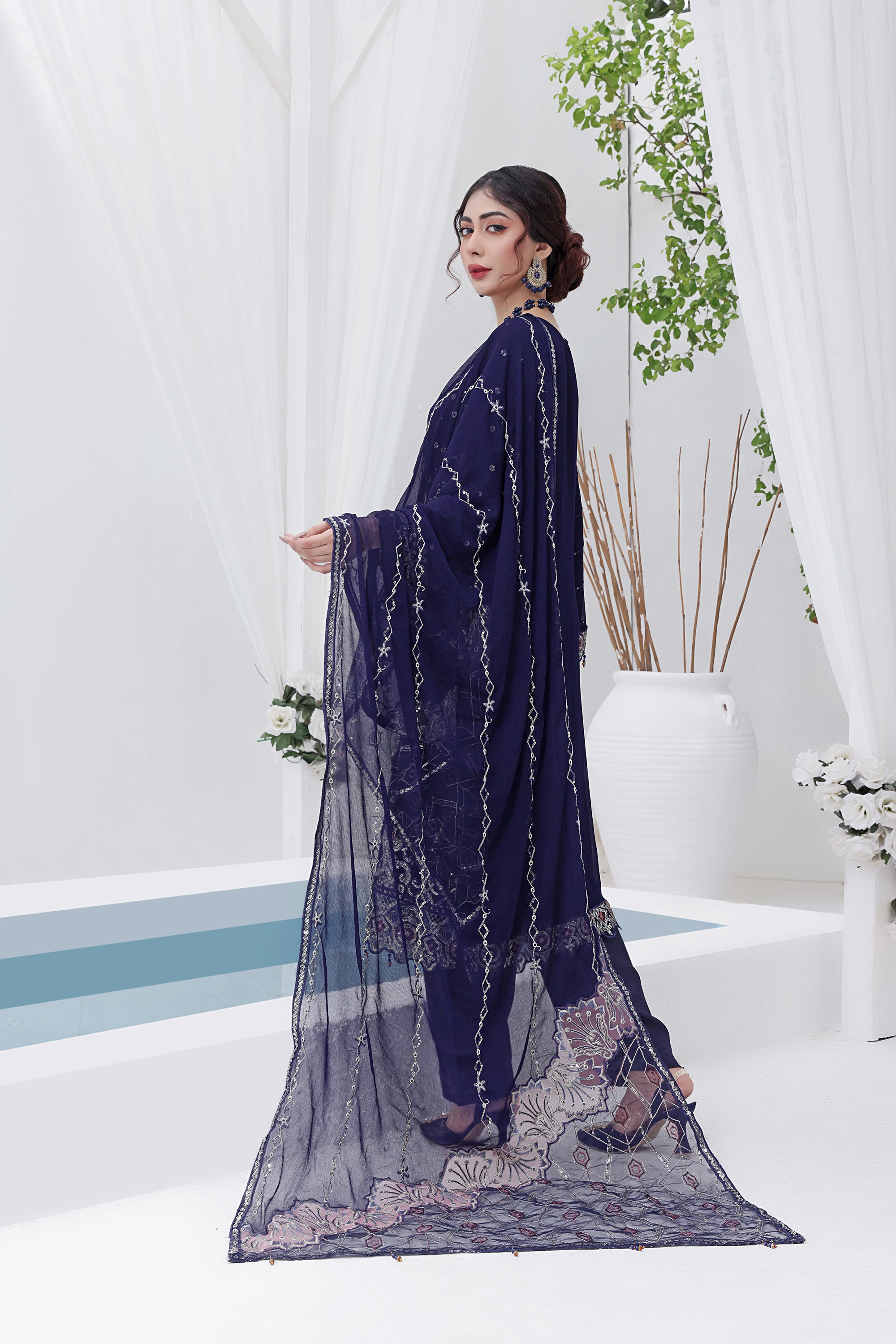 AZ BK -02 Indigo Blue 3 PIECE - EMBROIDERED Semi-stitched Chiffon Suit