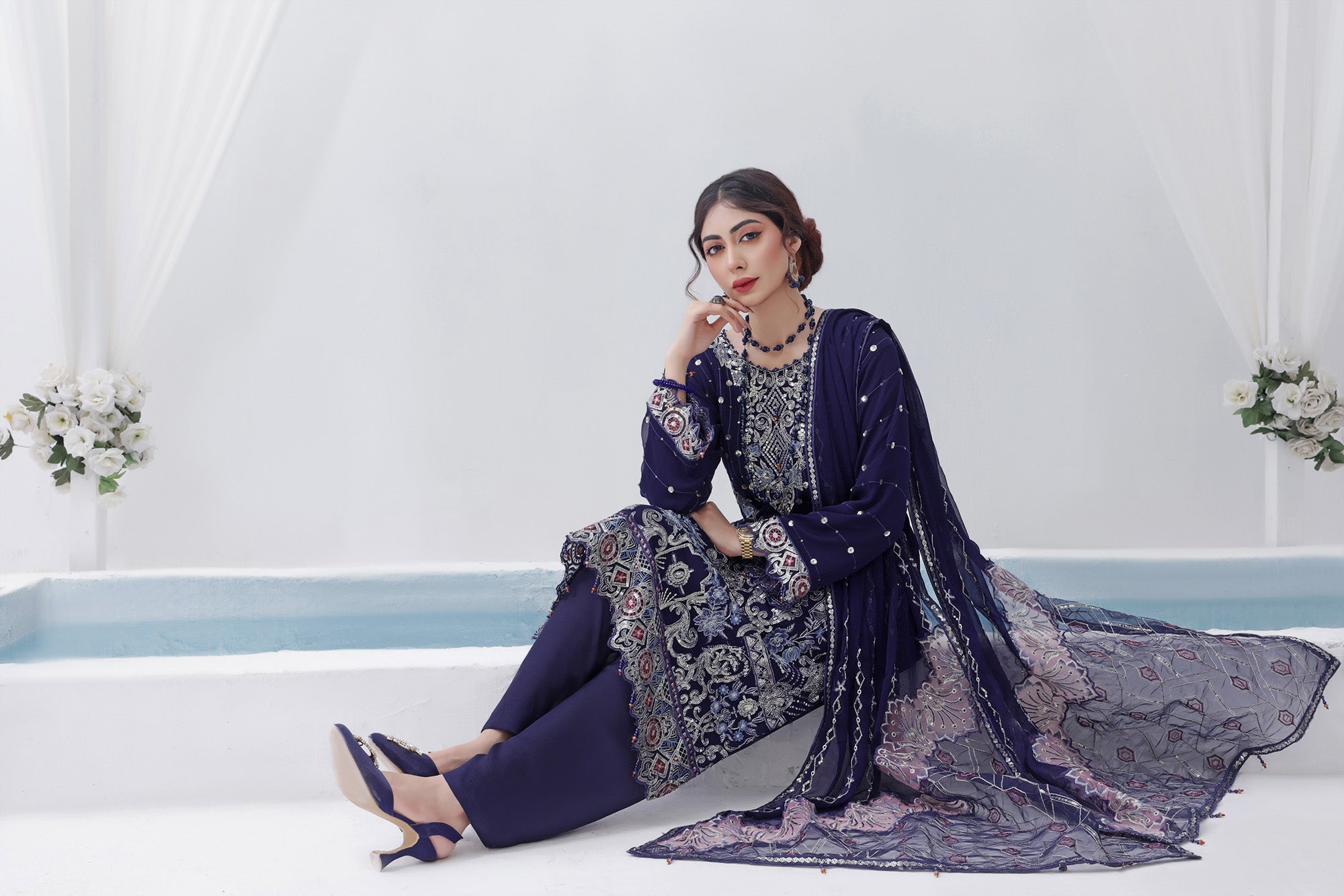 AZ BK -02 Indigo Blue 3 PIECE - EMBROIDERED Semi-stitched Chiffon Suit