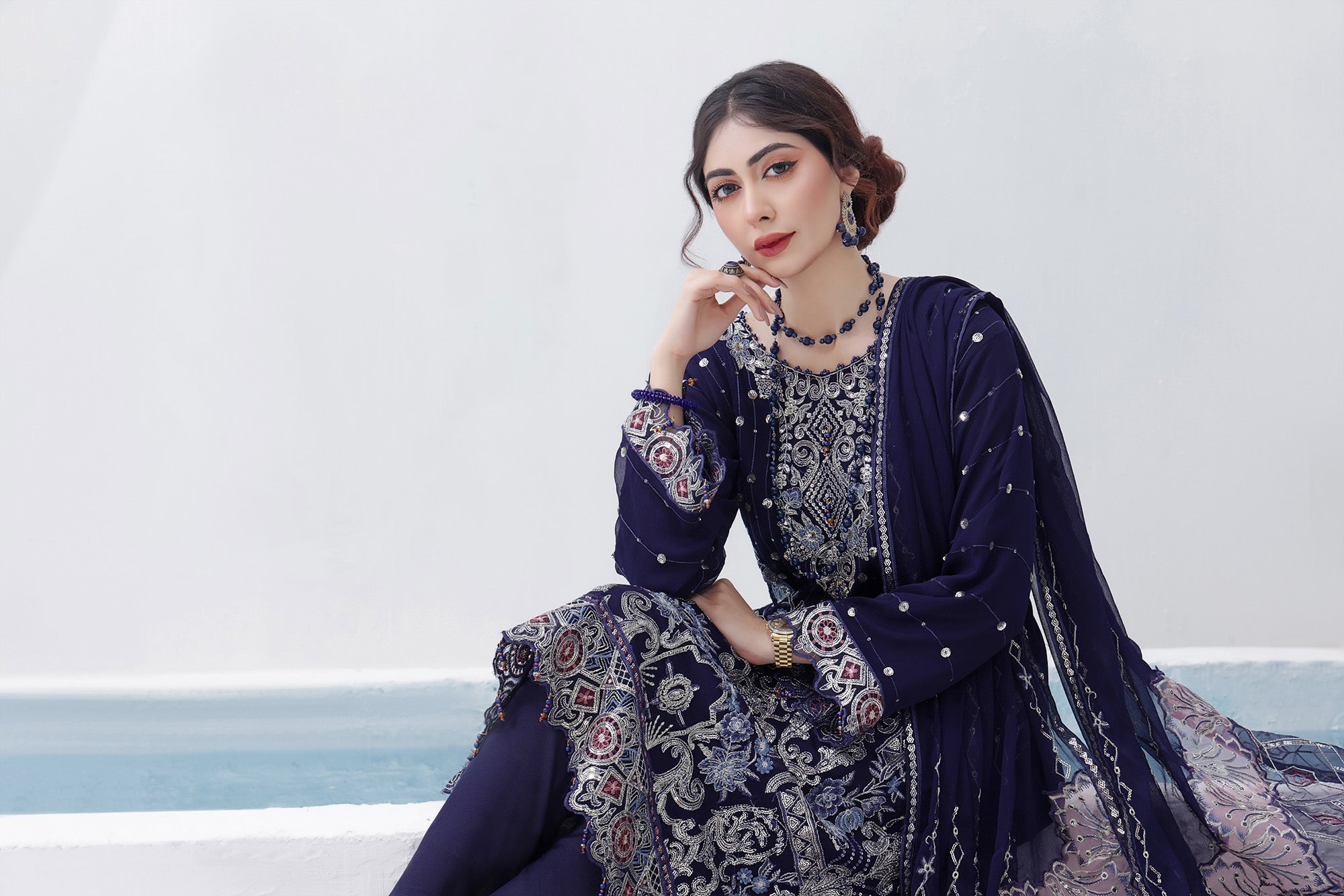 AZ BK -02 Indigo Blue 3 PIECE - EMBROIDERED Semi-stitched Chiffon Suit