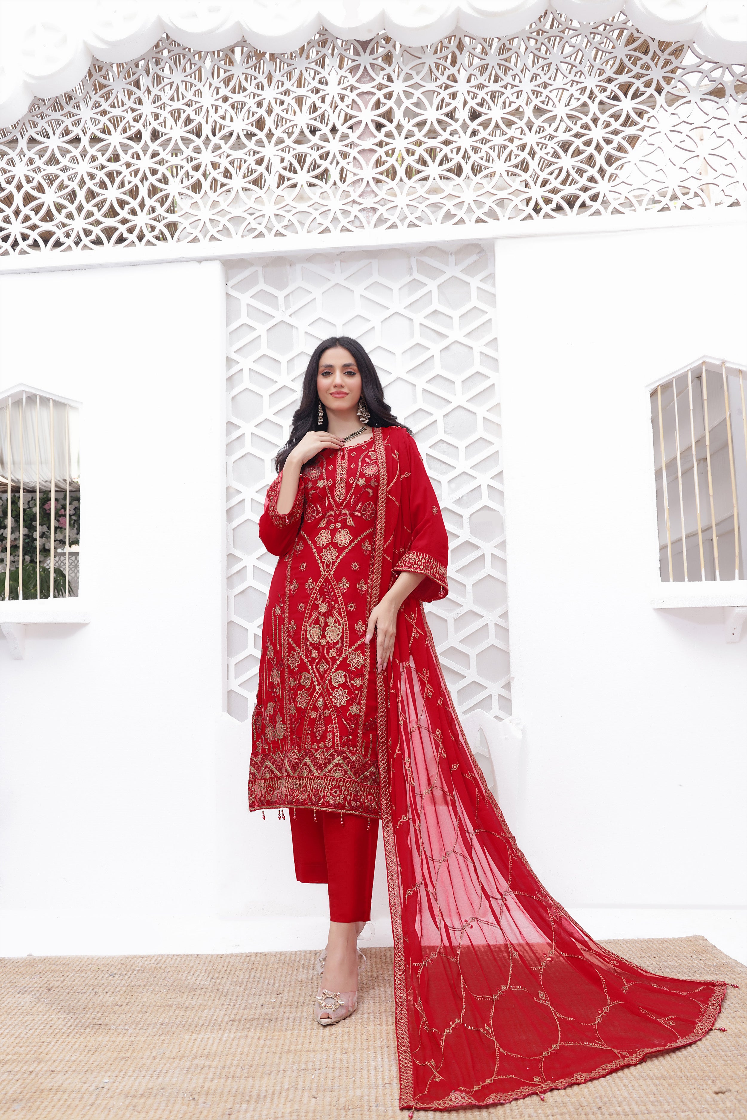 SBN BK -02 Scarlet Red 3 PIECE  EMBROIDERED Semi-stitched Chiffon Suit