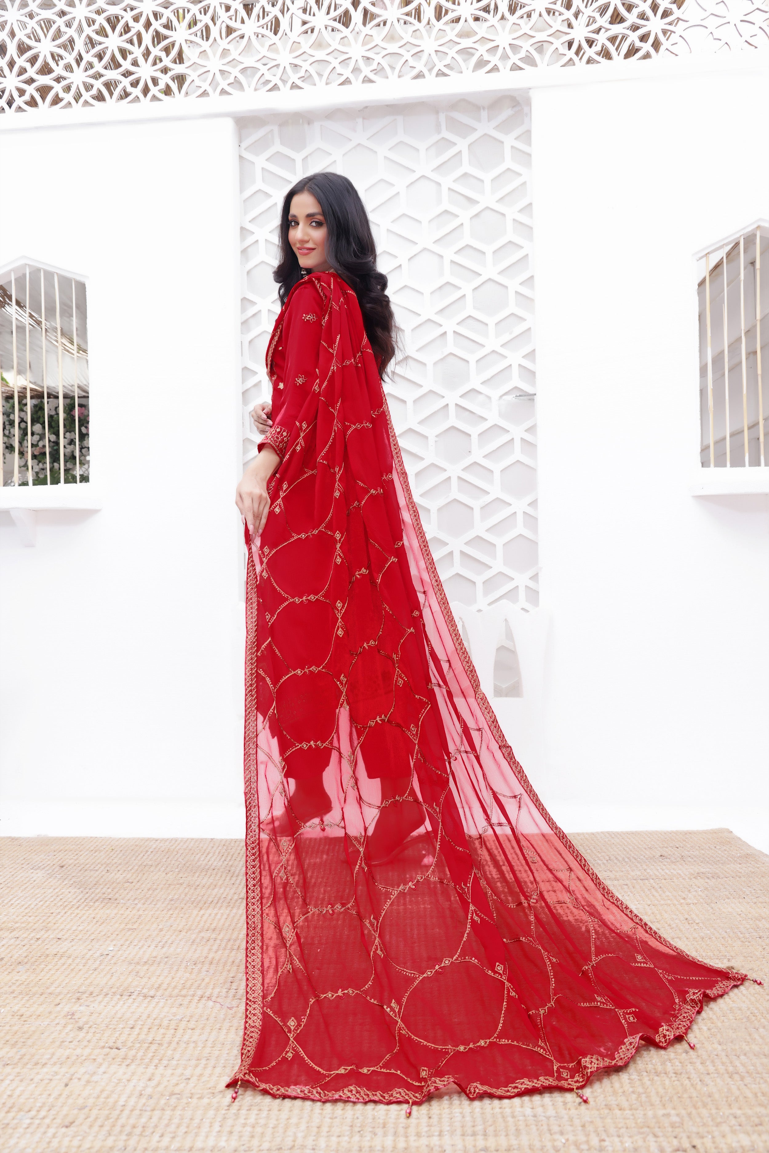 SBN BK -02 Scarlet Red 3 PIECE  EMBROIDERED Semi-stitched Chiffon Suit