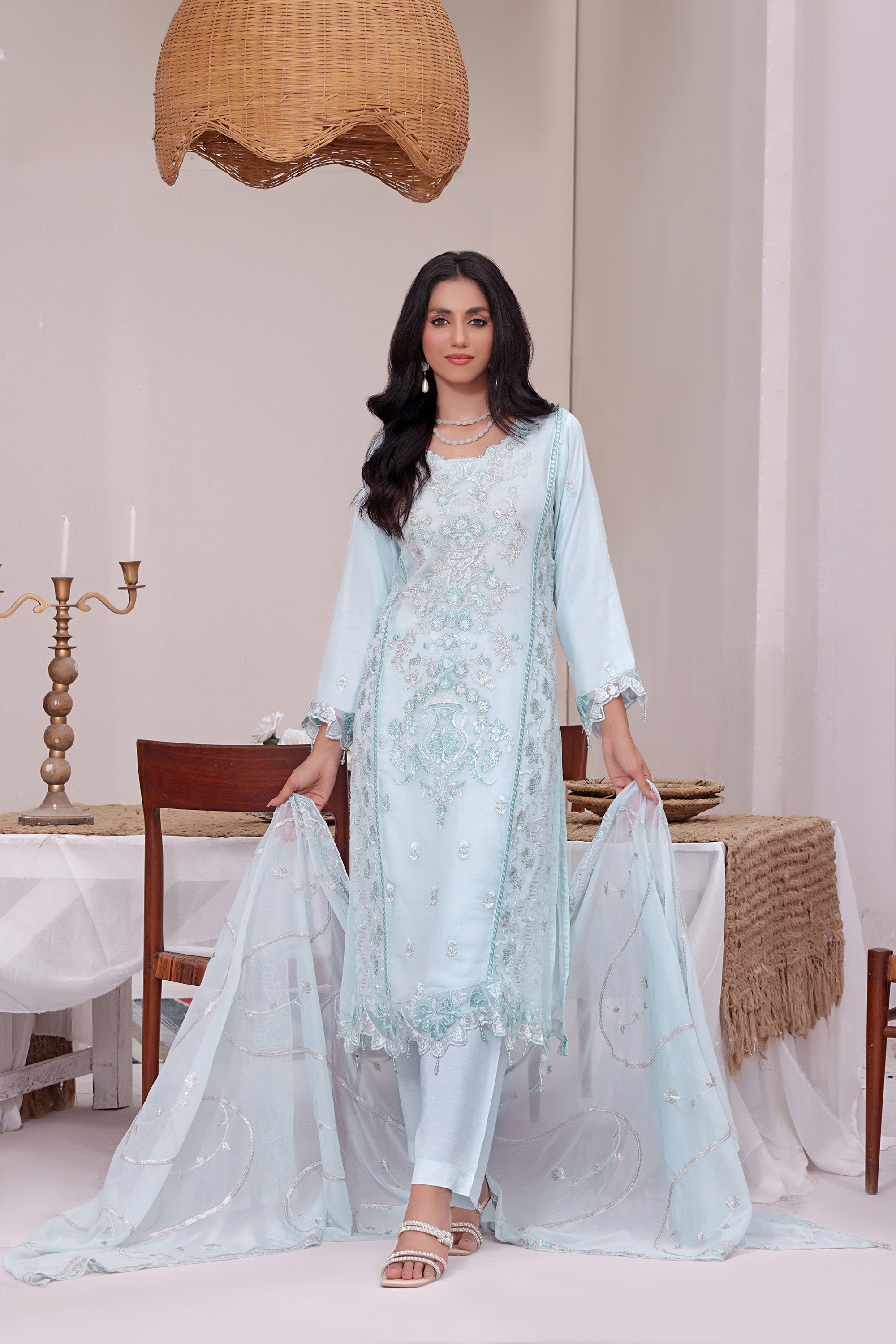 AZ BK -05 Alice Blue 3 PIECE - EMBROIDERED Semi-stitched Chiffon Suit