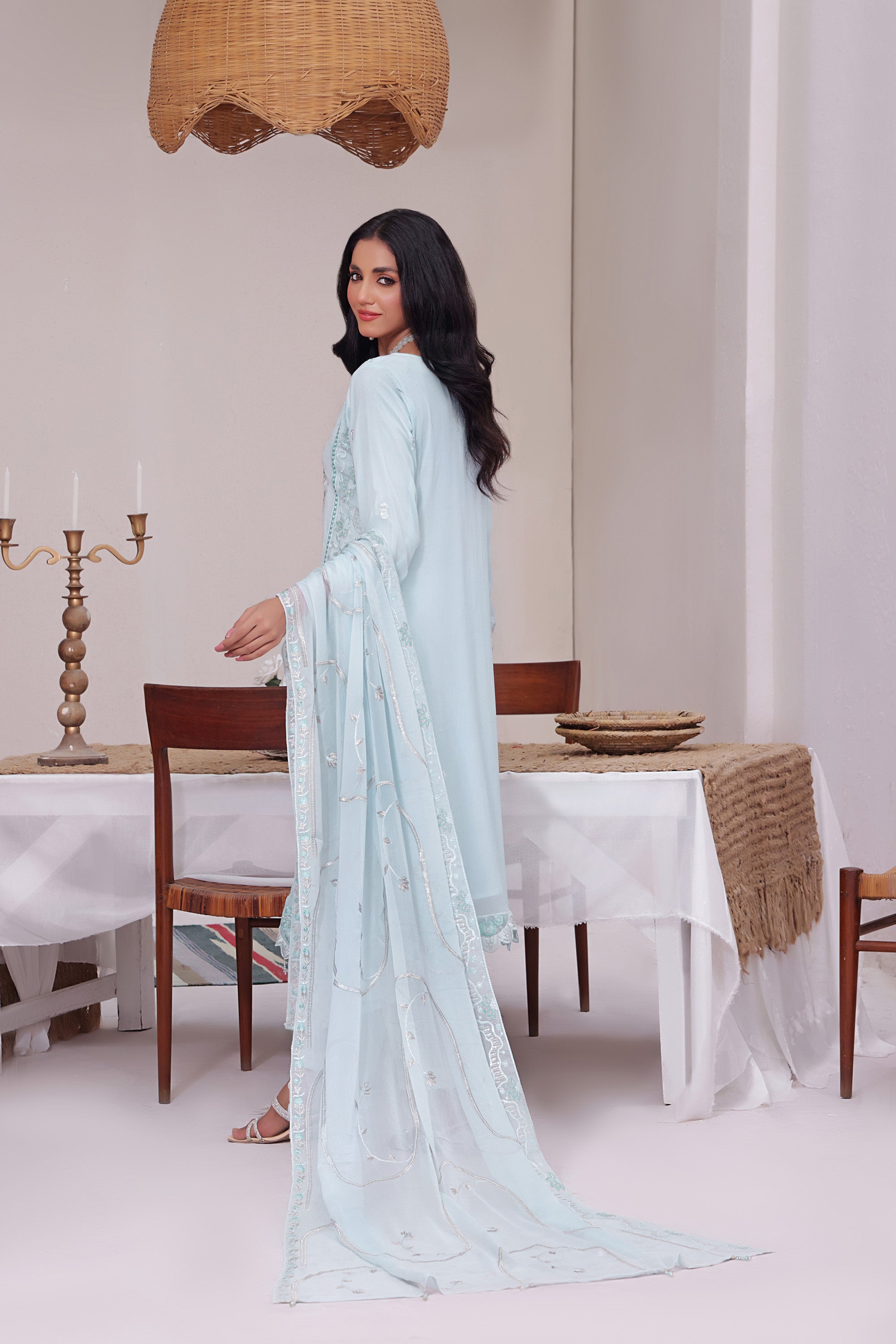 AZ BK -05 Alice Blue 3 PIECE - EMBROIDERED Semi-stitched Chiffon Suit