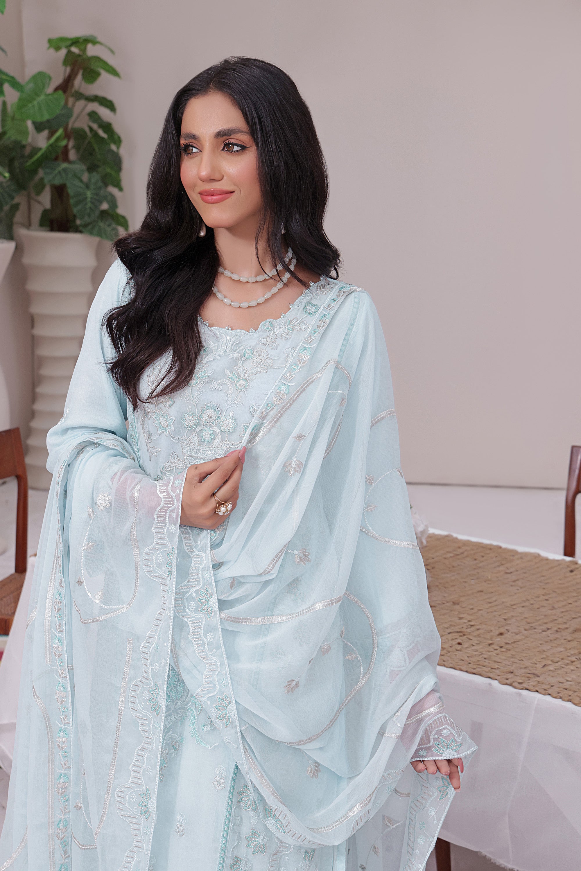 AZ BK -05 Alice Blue 3 PIECE - EMBROIDERED Semi-stitched Chiffon Suit