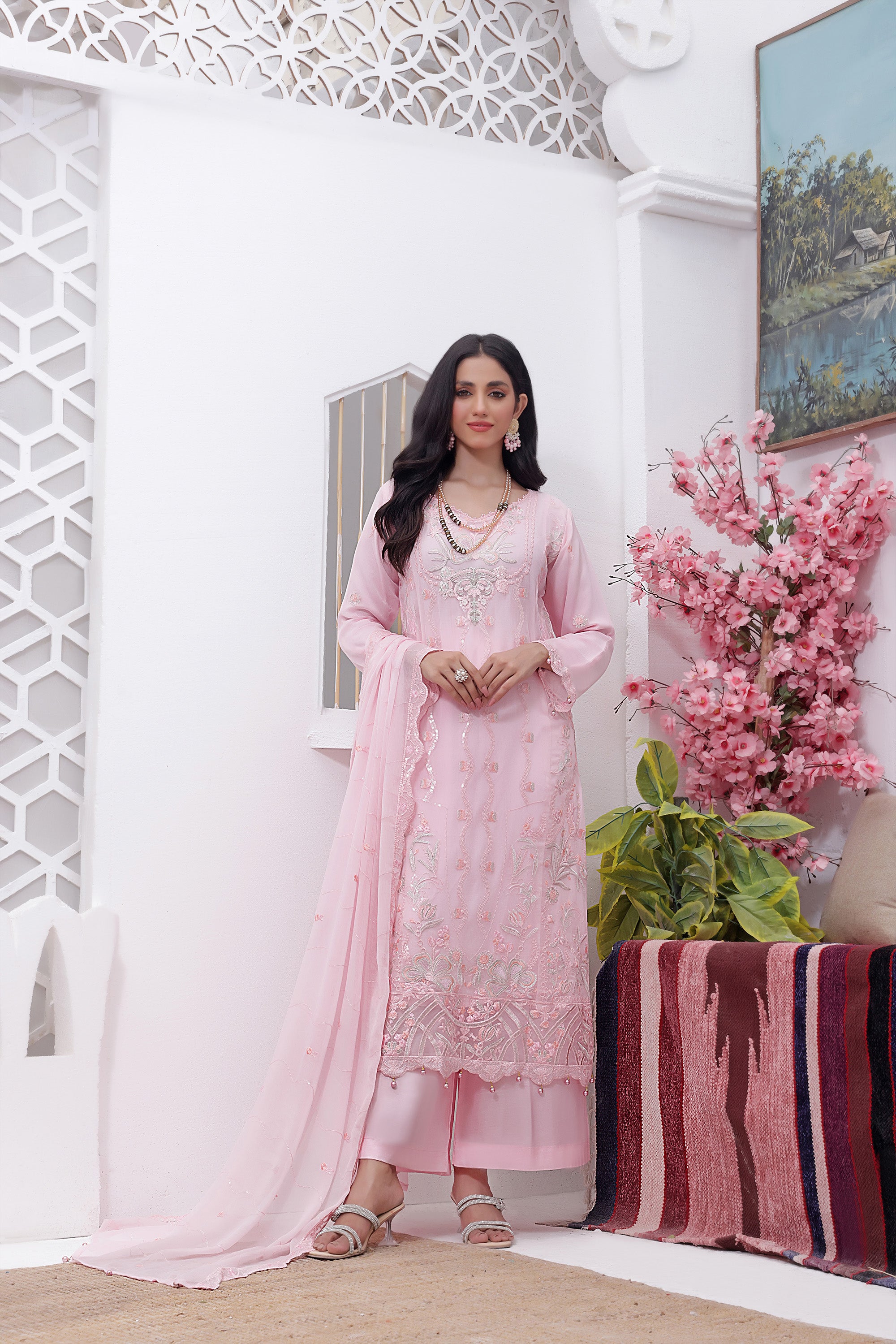 AZ BK - 03 Pastel Pink 3 PIECE - EMBROIDERED Semi-stitched Chiffon Suit