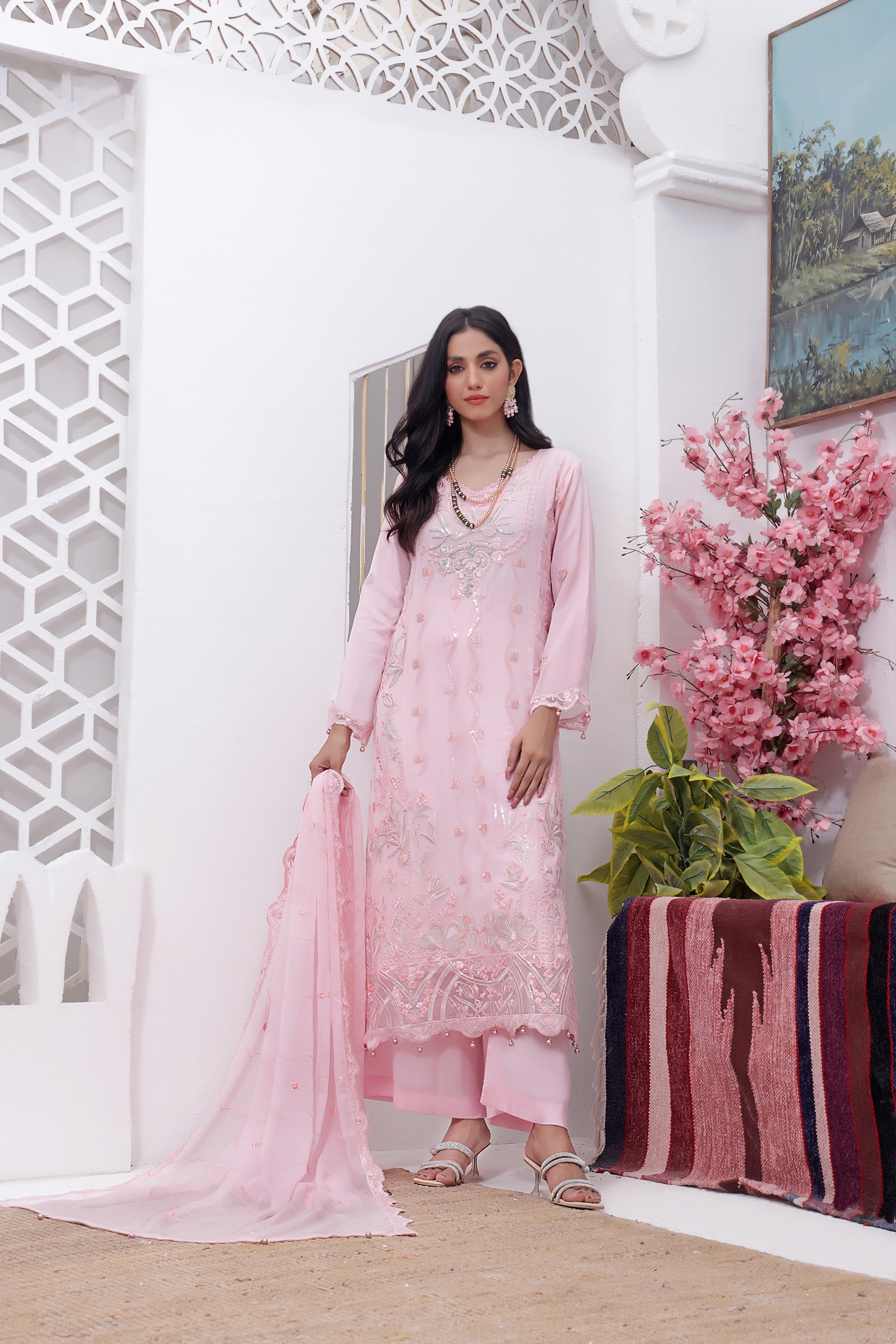 AZ BK - 03 Pastel Pink 3 PIECE - EMBROIDERED Semi-stitched Chiffon Suit