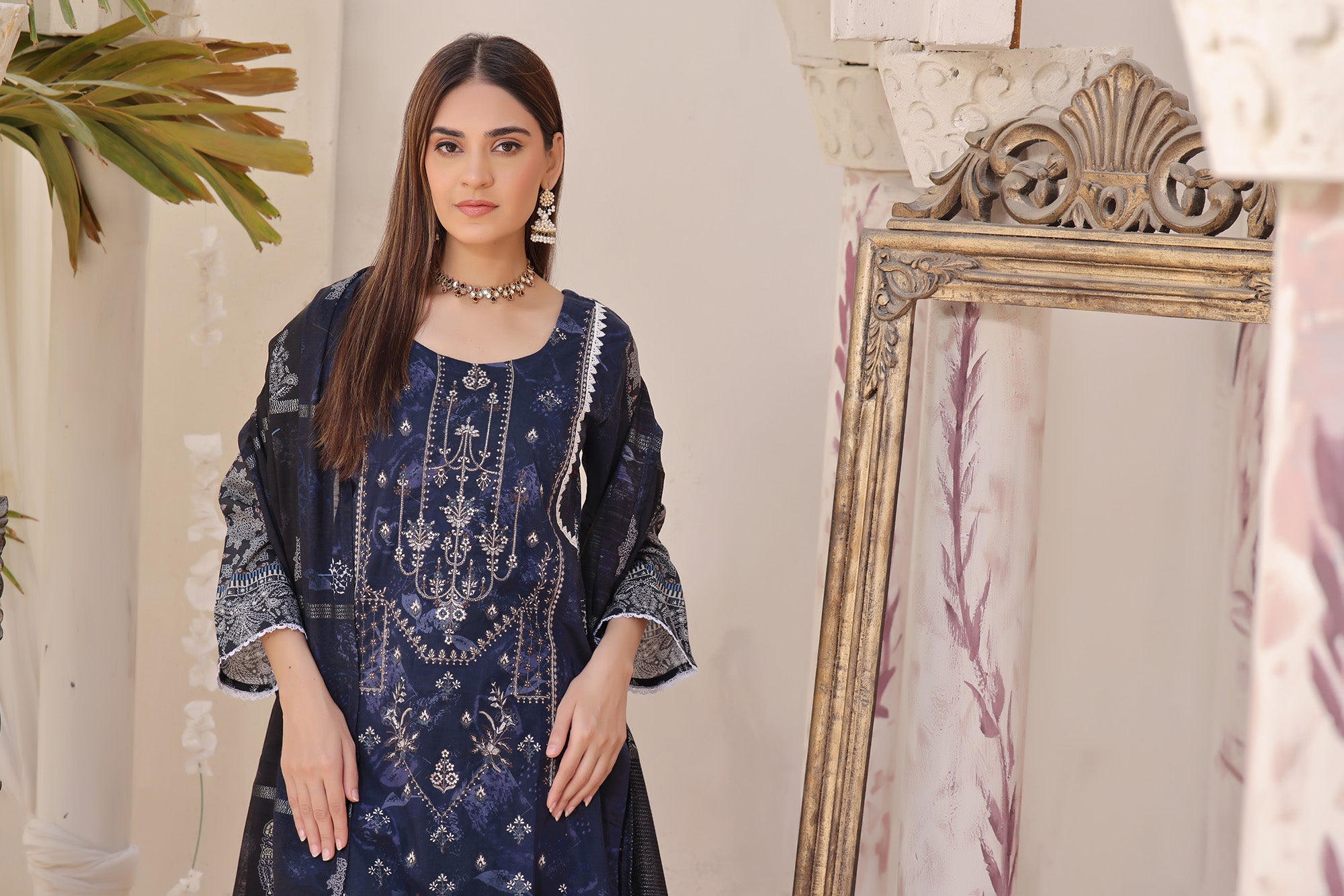 HRN BK-10  Neck embroidered Unstitched 3 Piece suit Zari lawn  dupatta