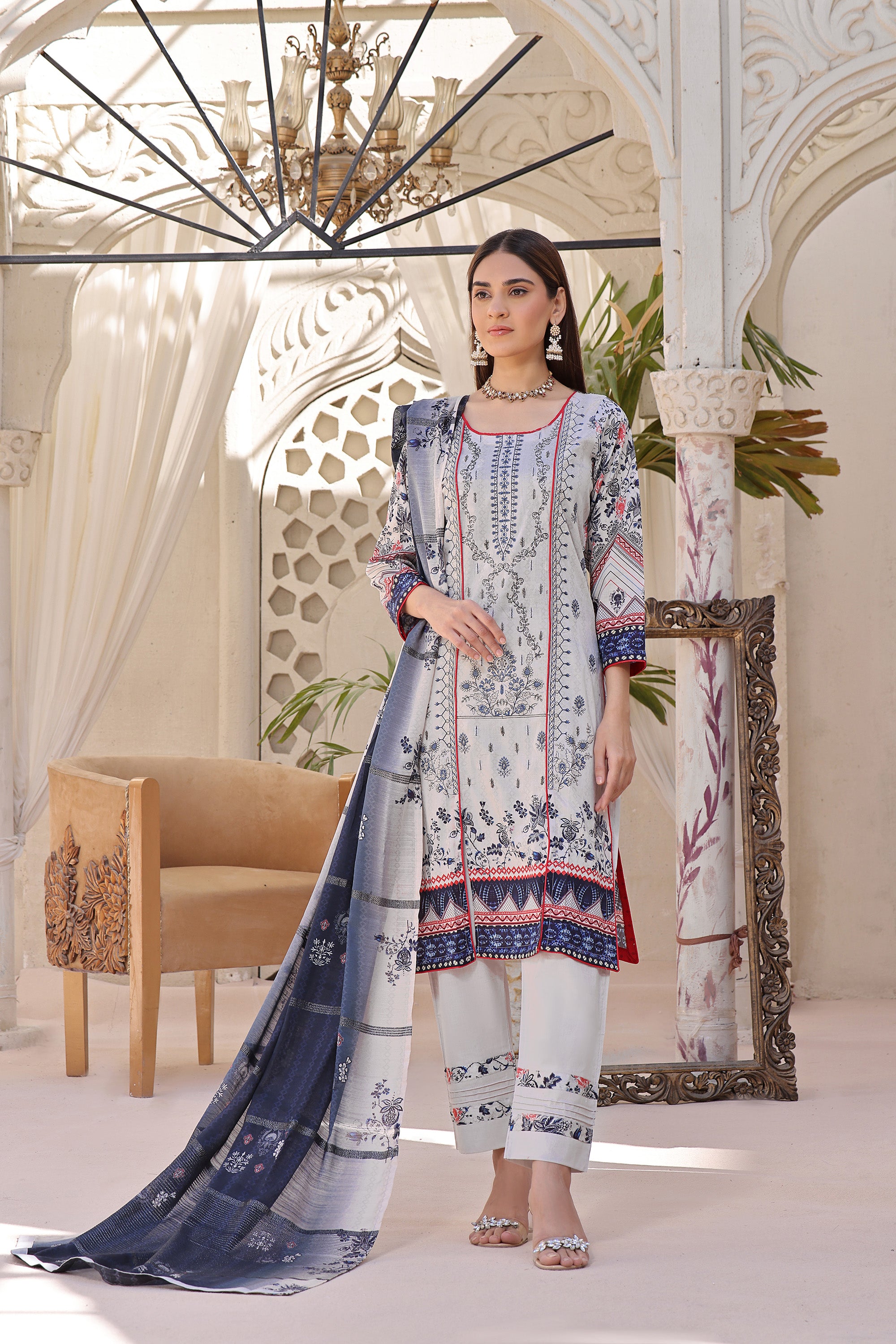 HRN BK-06  Neck embroidered Unstitched 3 Piece suit Zari lawn  dupatta