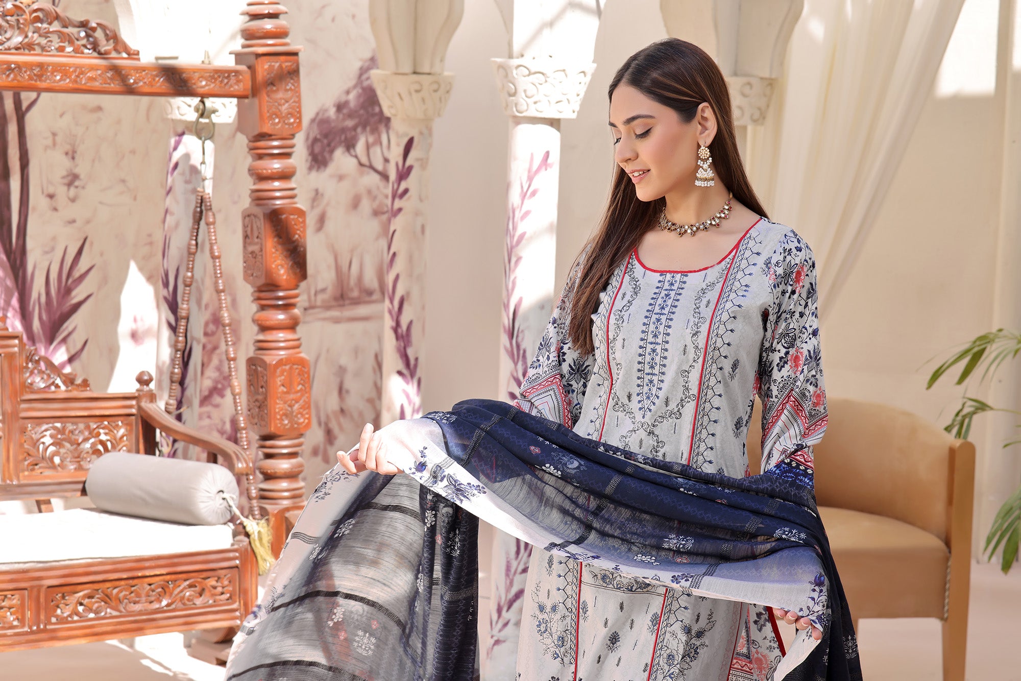 HRN BK-06  Neck embroidered Unstitched 3 Piece suit Zari lawn  dupatta