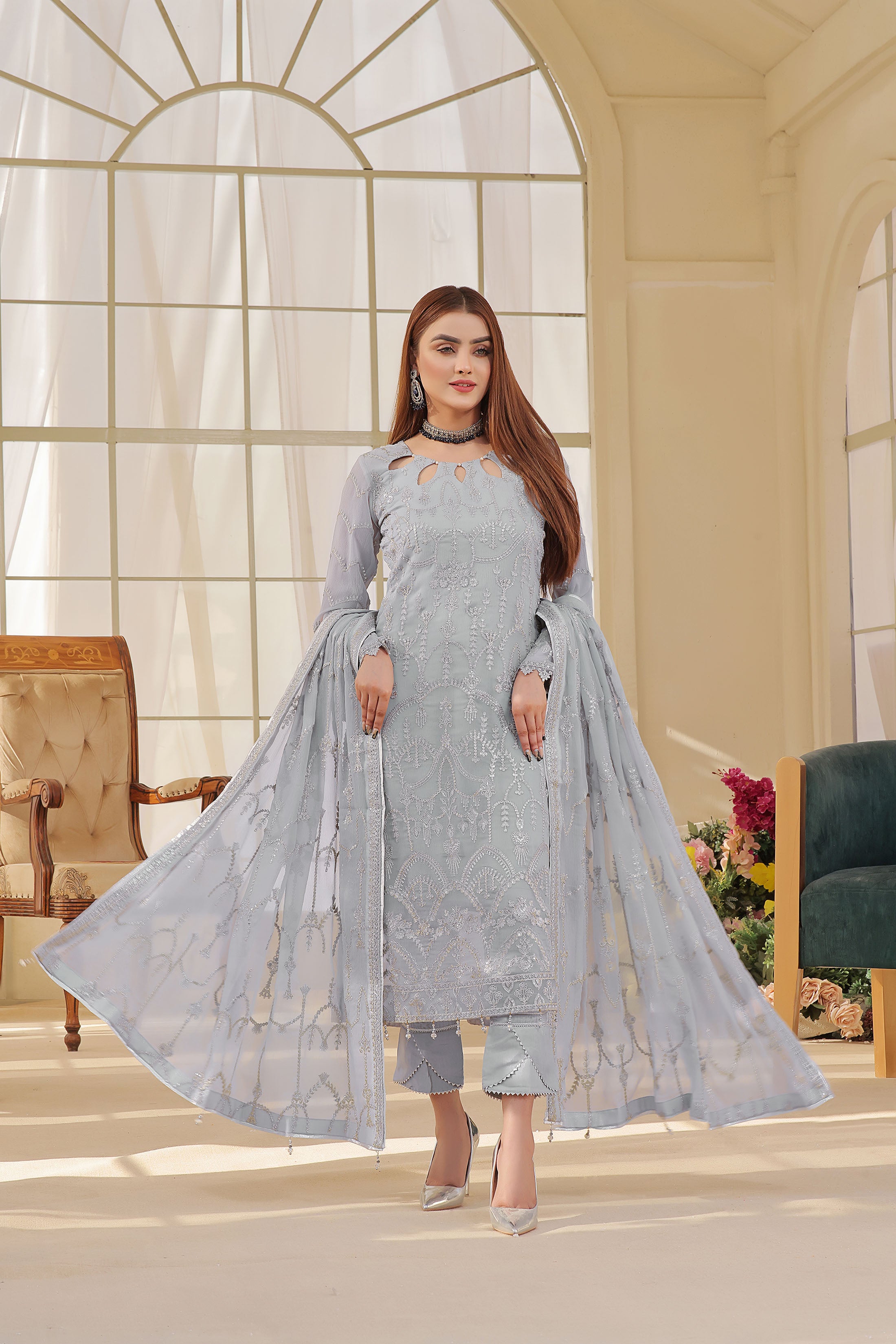 Sparkling Grey  3 PIECE - EMBROIDERED Semi-stitched Chiffon Suit