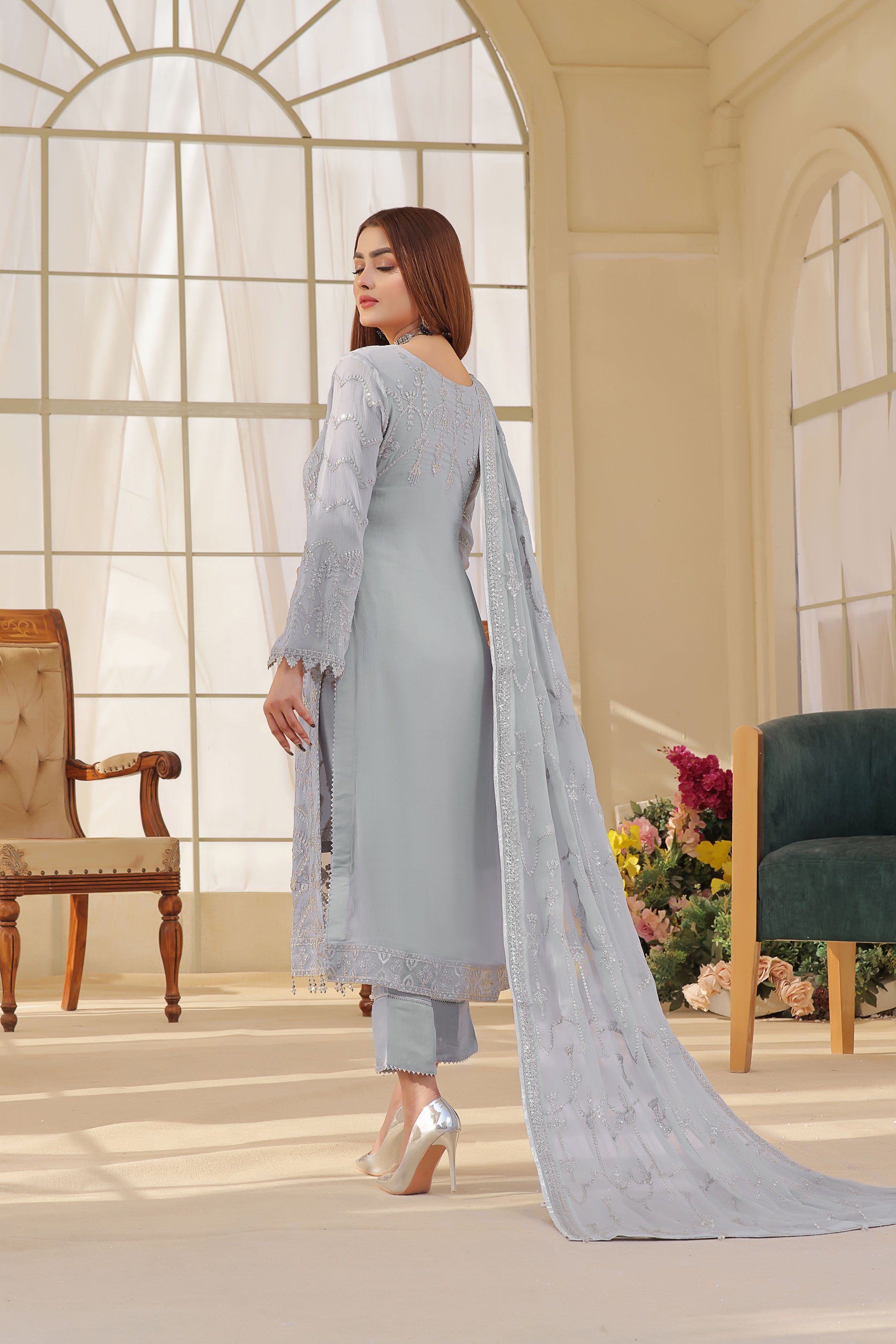 Sparkling Grey  3 PIECE - EMBROIDERED Semi-stitched Chiffon Suit