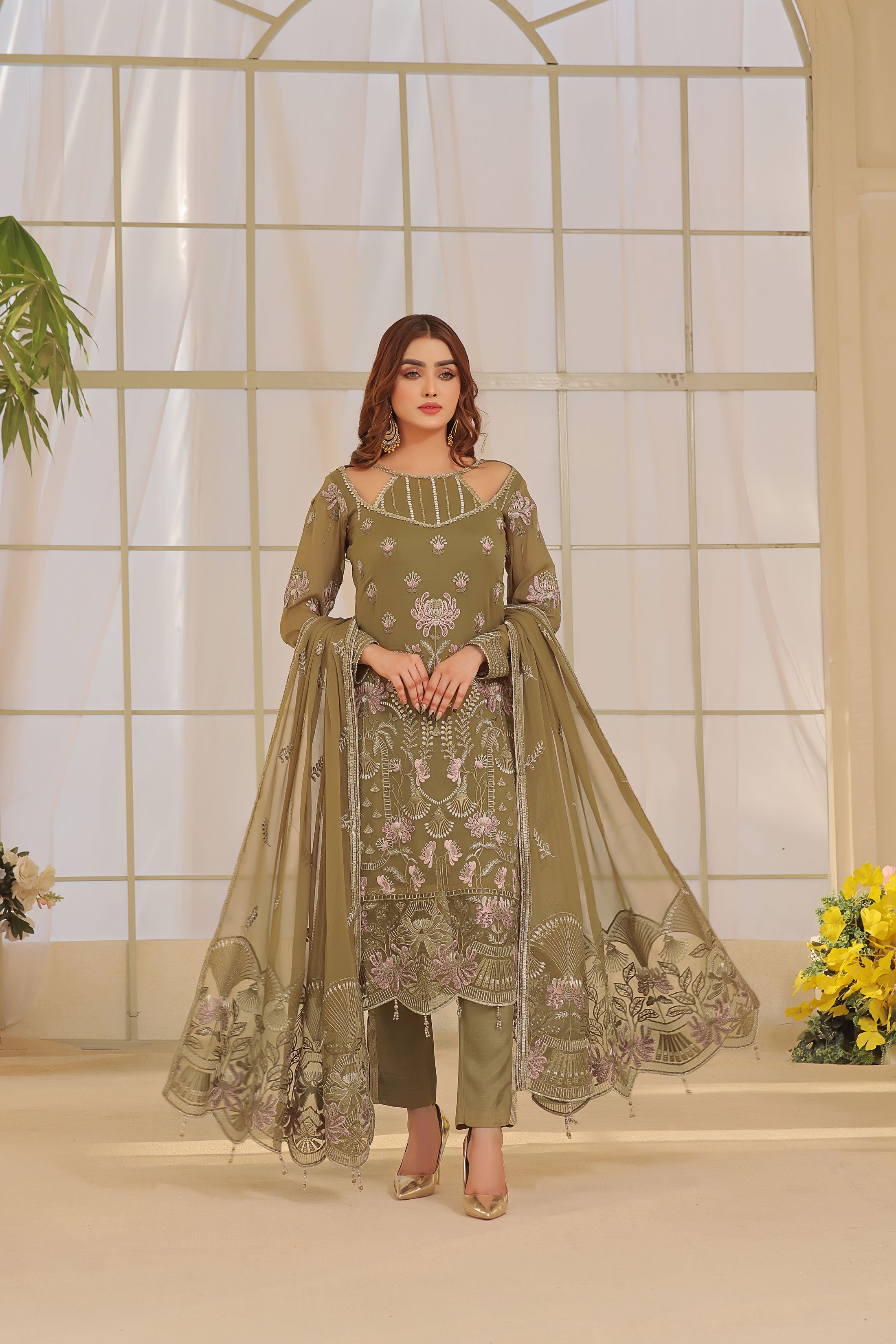 BK-02 Tempting Green 3 PIECE - EMBROIDERED Semi-stitched Chiffon Suit