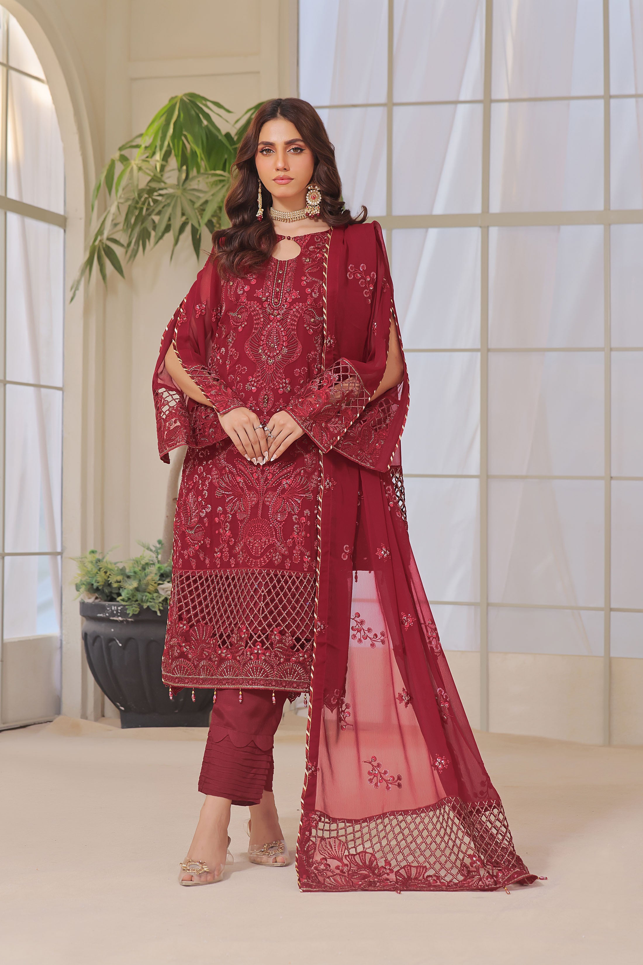 BK-05 Addictive Mehroon 3 PIECE - EMBROIDERED Semi-stitched Chiffon Suit