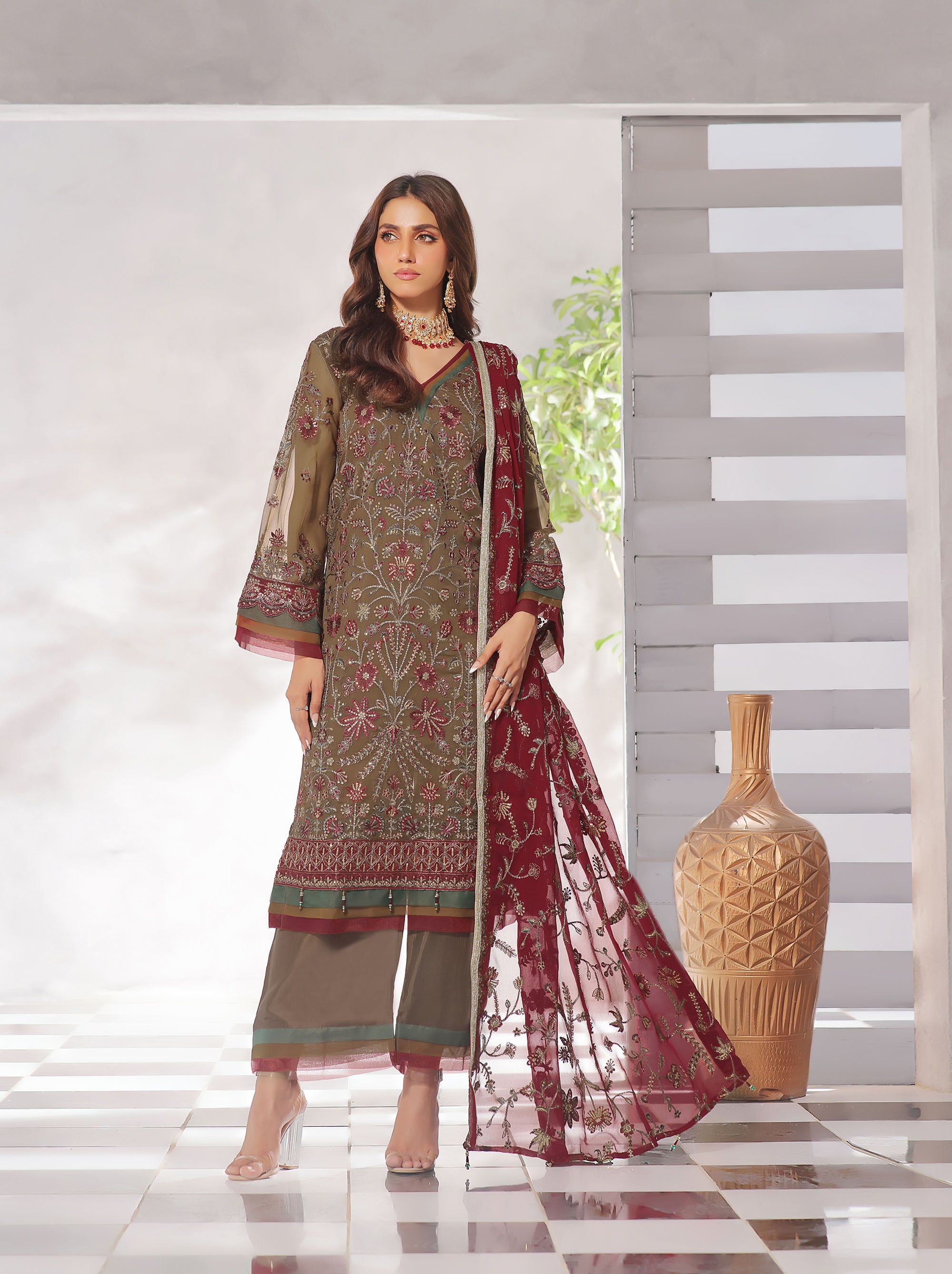 BK-06 | Mocha Brown 3 PIECE - EMBROIDERED Semi-stitched Chiffon Suit