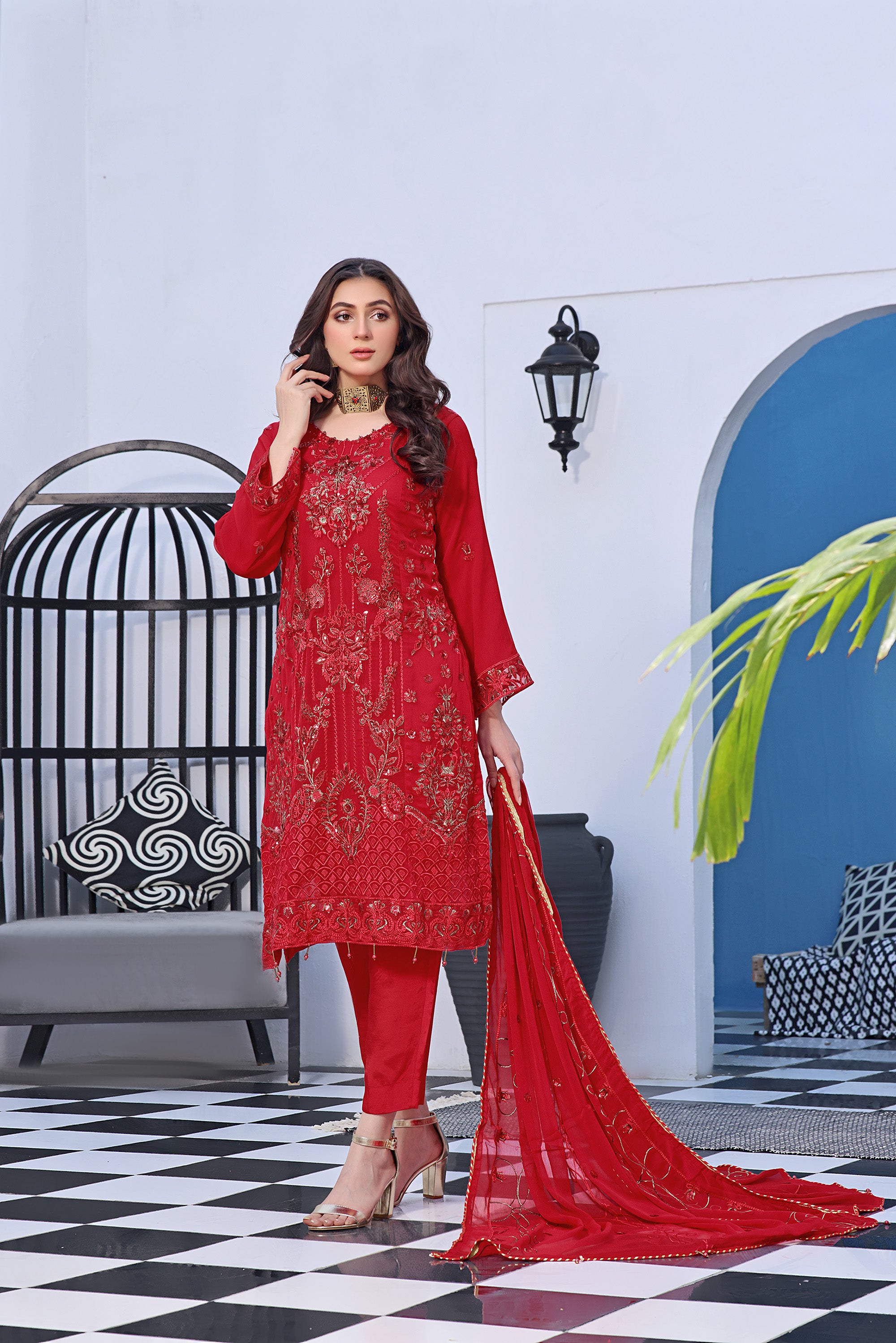 NYB BK -03 Bright Red 3 PIECE  EMBROIDERED Semi-stitched Chiffon Suit