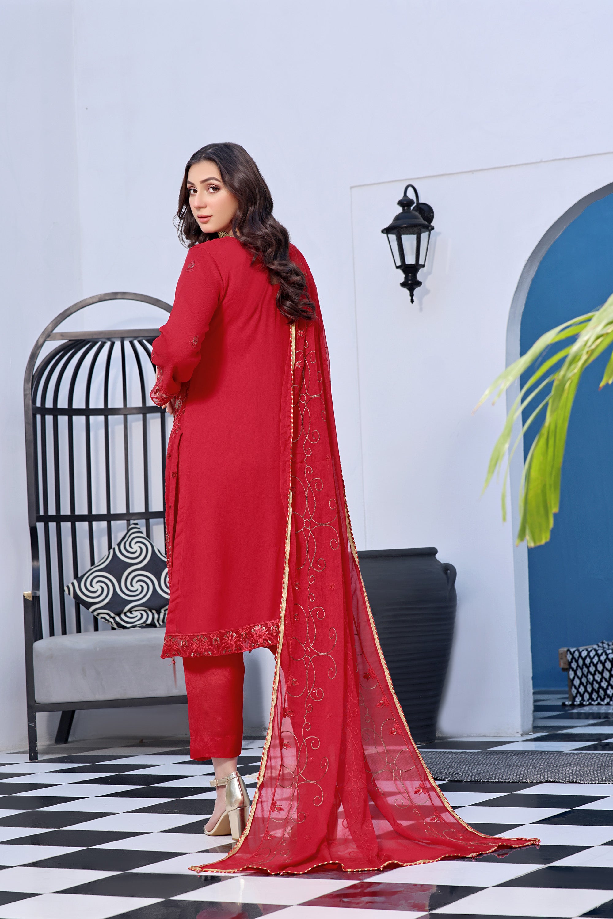 NYB BK -03 Bright Red 3 PIECE  EMBROIDERED Semi-stitched Chiffon Suit