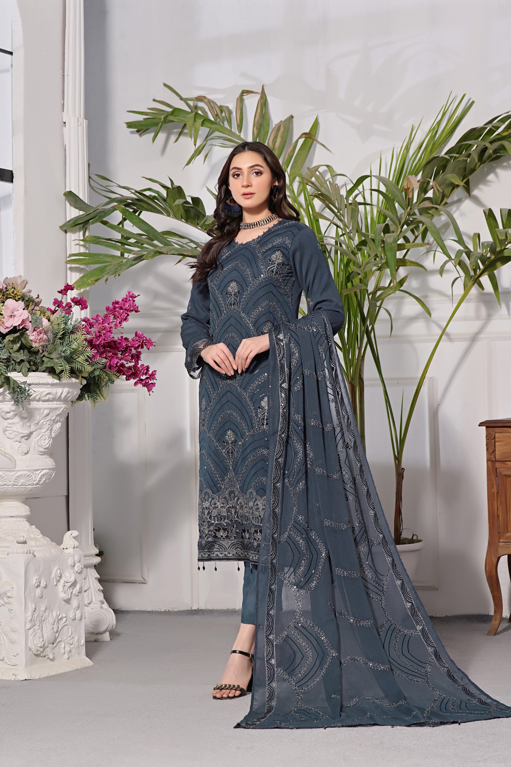 NYB BK -01 Space Blue 3 PIECE  EMBROIDERED Semi-stitched Chiffon Suit