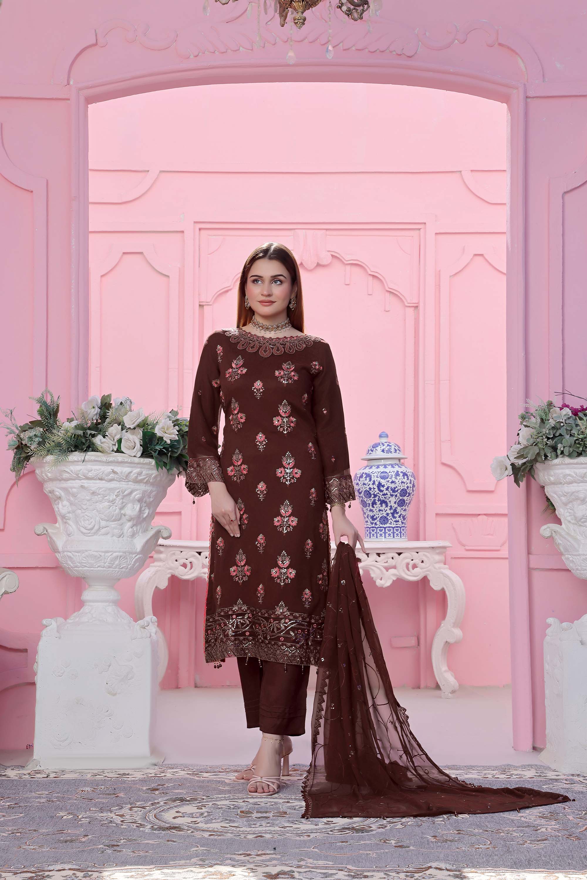 Paris Silk | Embroidered Chiffon Suit – Cocoa Bean