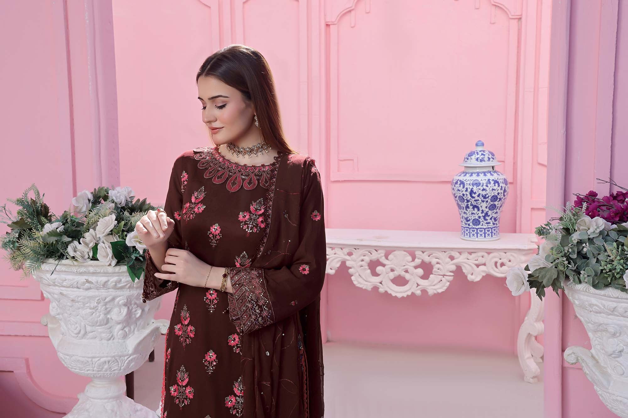 Paris Silk | Embroidered Chiffon Suit – Cocoa Bean