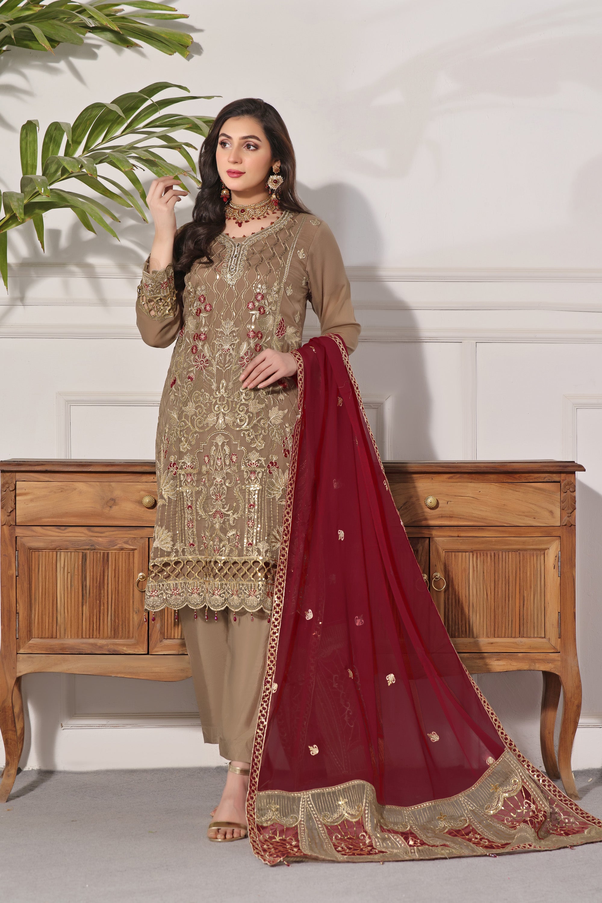 MN BK -05 Pecan Brown 3 PIECE  EMBROIDERED Semi-stitched Chiffon Suit