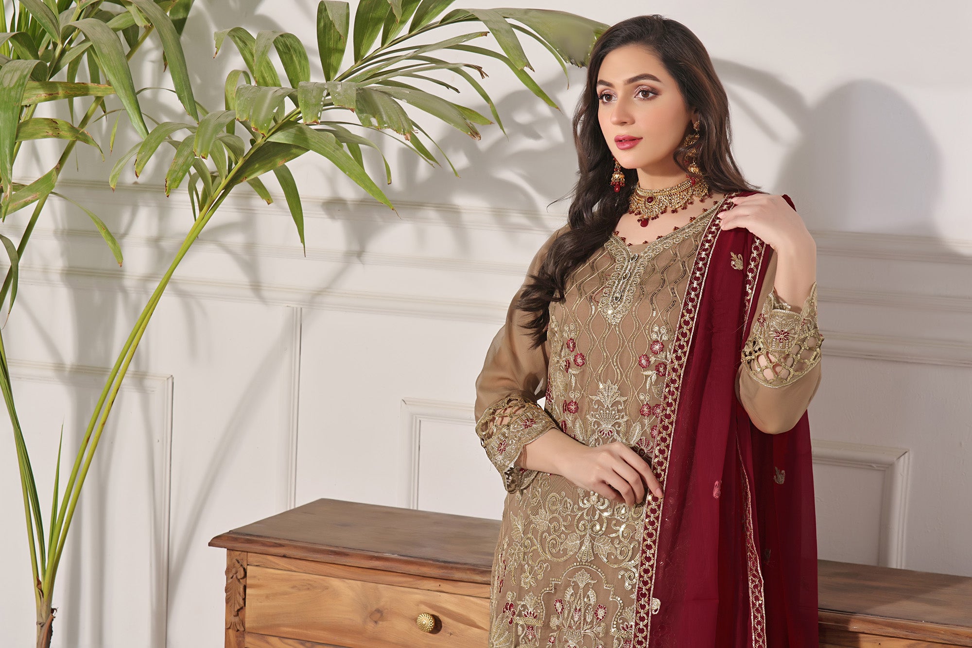 MN BK -05 Pecan Brown 3 PIECE  EMBROIDERED Semi-stitched Chiffon Suit