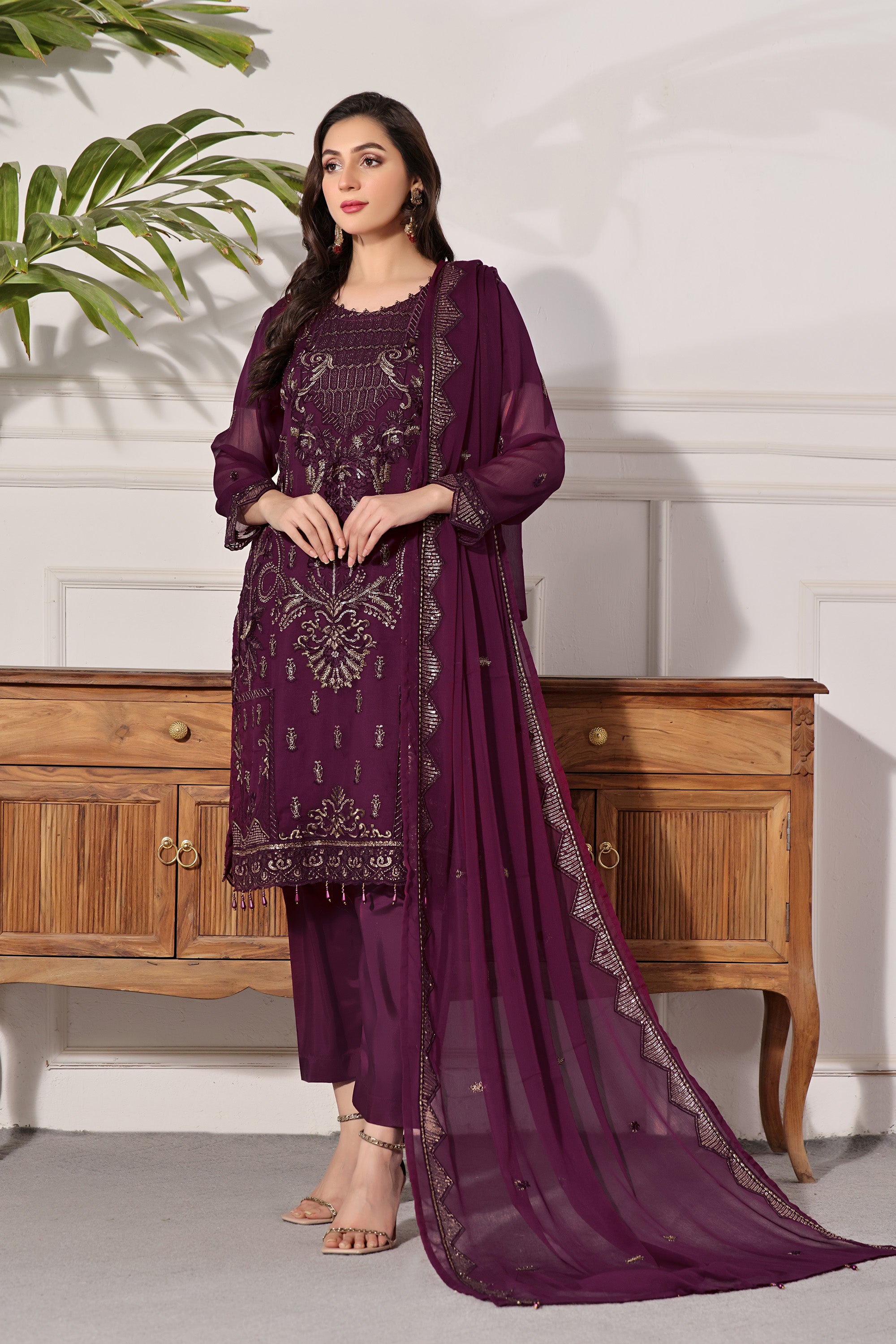 NYB BK -05 Jam Violet 3 PIECE  EMBROIDERED Semi-stitched Chiffon Suit