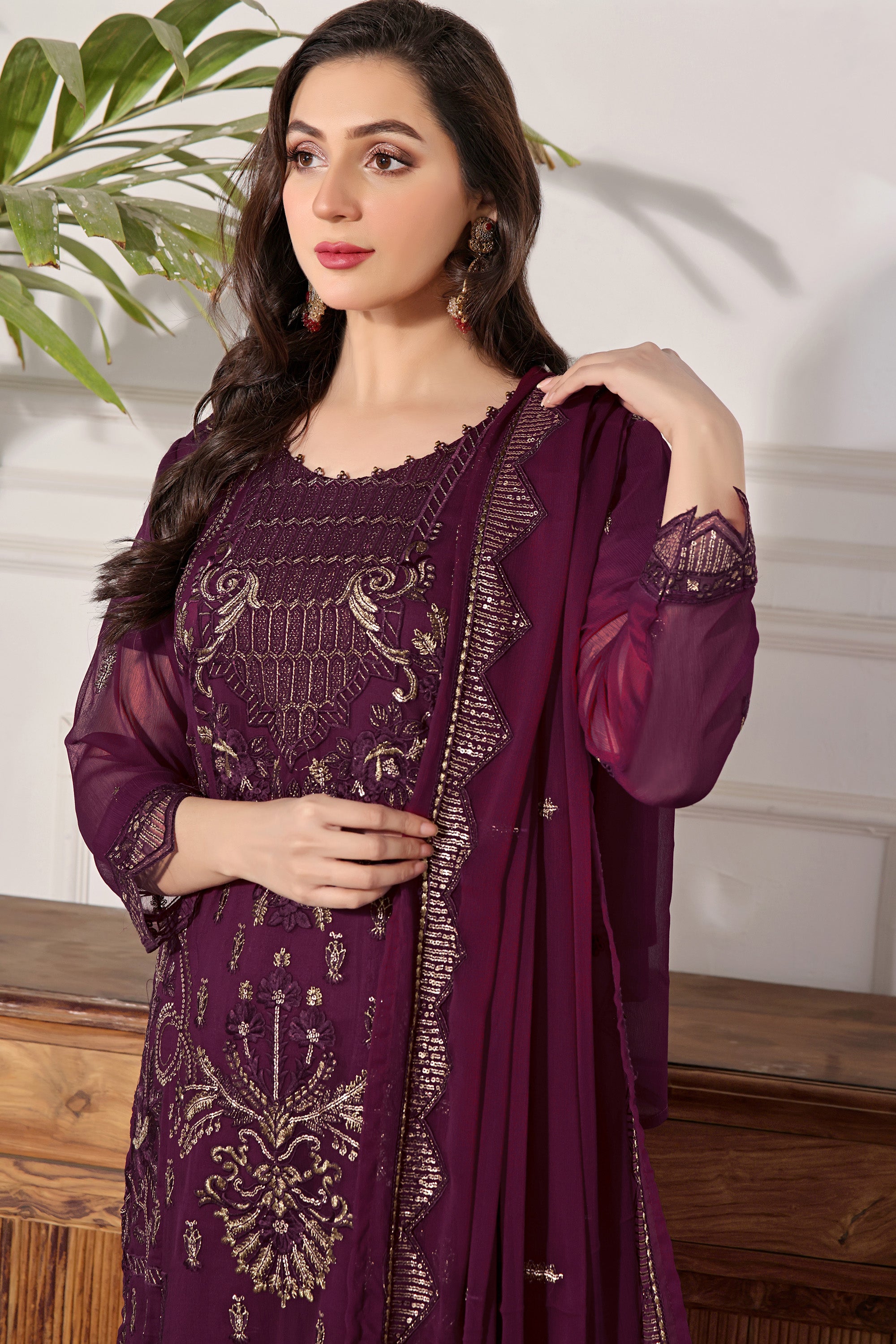 NYB BK -05 Jam Violet 3 PIECE  EMBROIDERED Semi-stitched Chiffon Suit