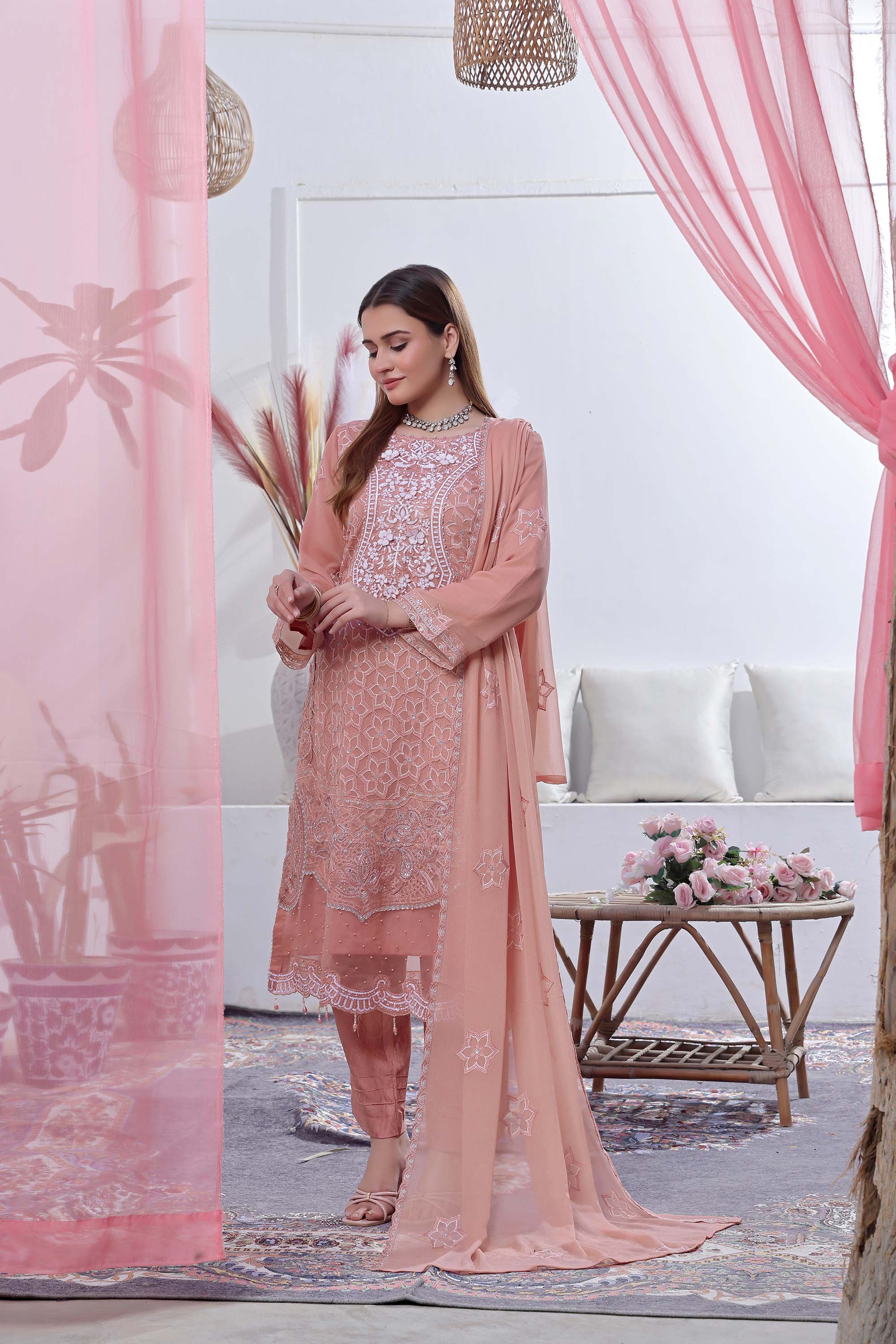Kehkashan – Sun-Kissed Coral Embroidered Suit