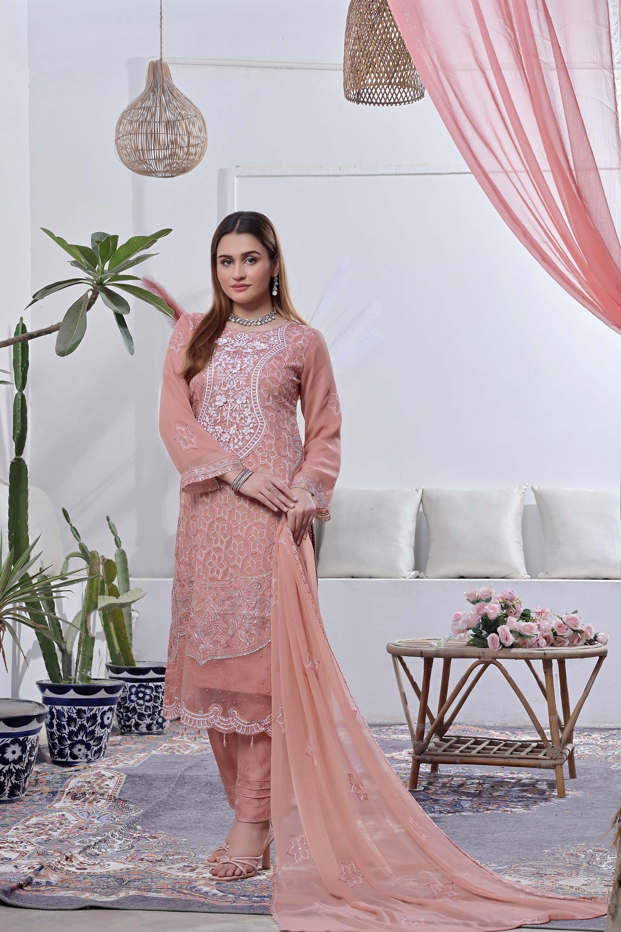 Kehkashan – Sun-Kissed Coral Embroidered Suit