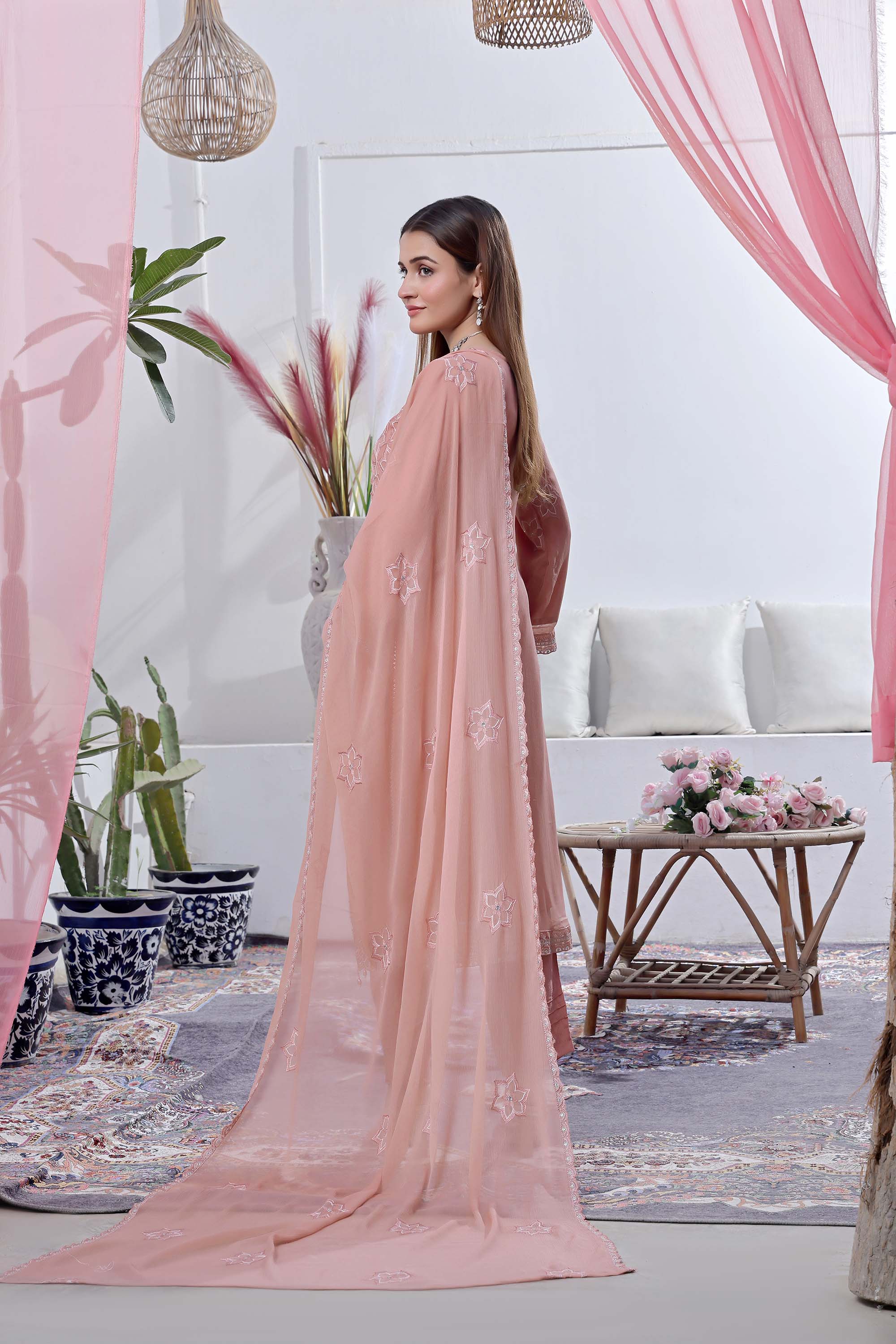 Kehkashan – Sun-Kissed Coral Embroidered Suit