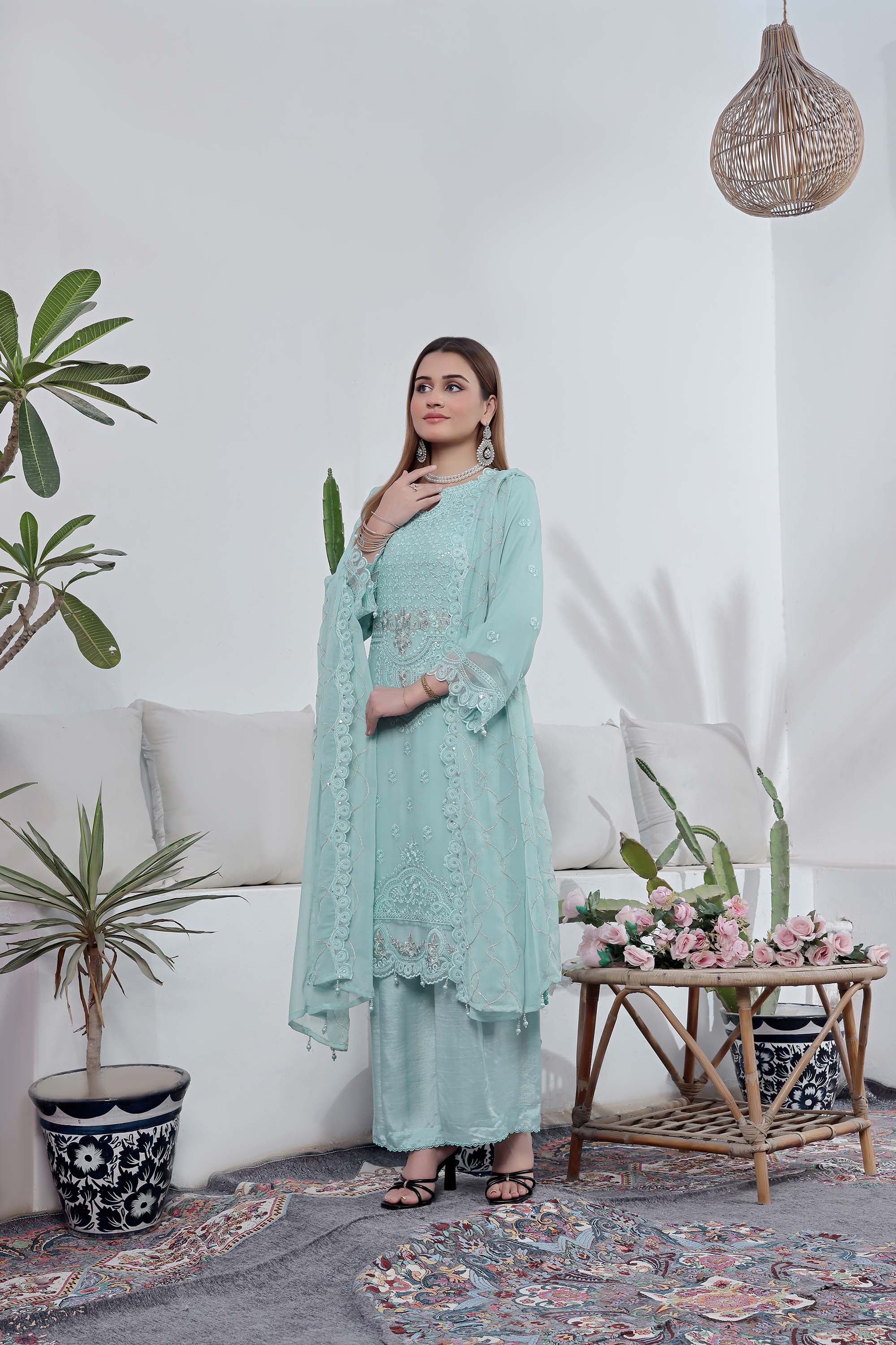 Kehkashan – Mint Aqua Serenity Embroidered Suit