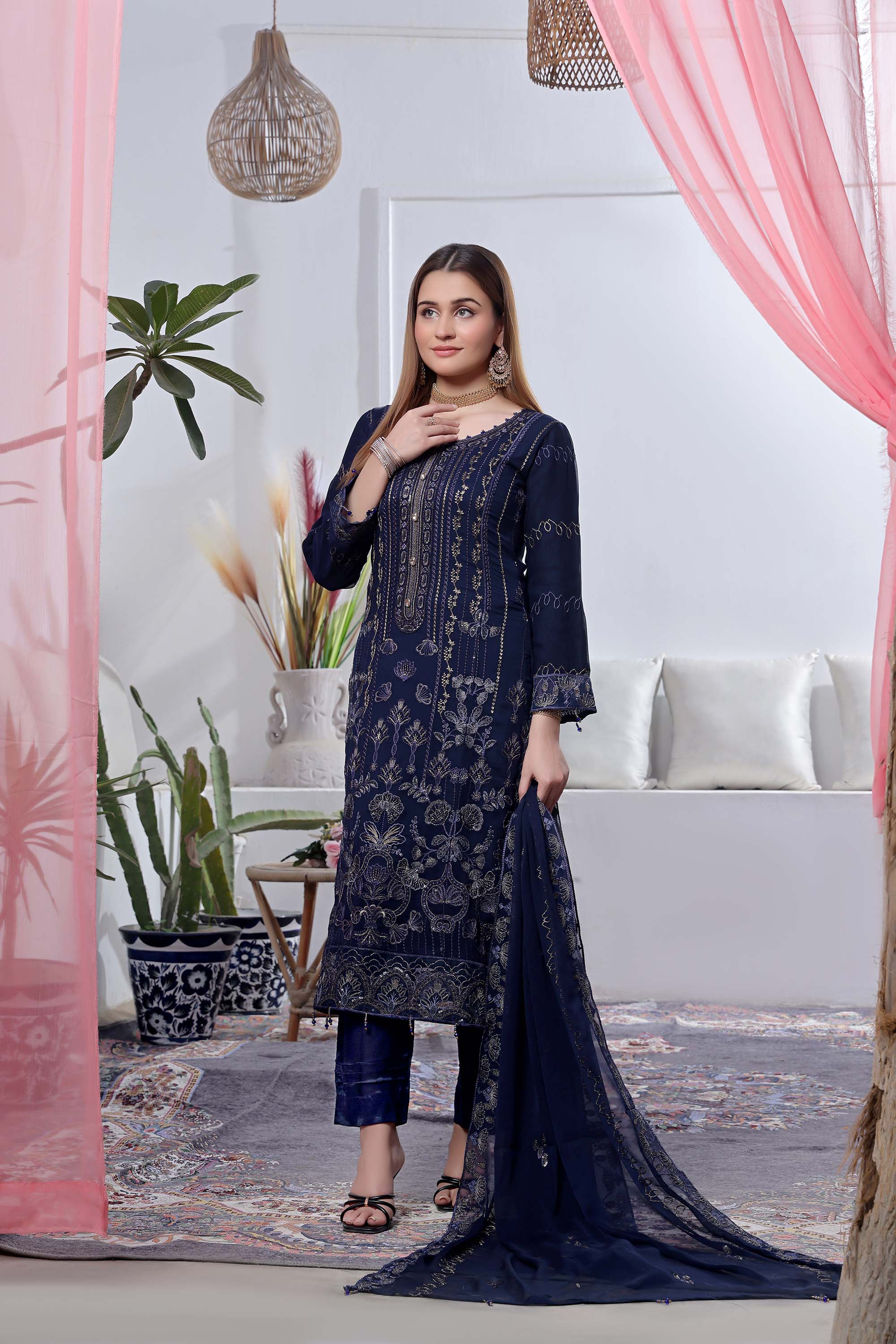 Kehkashan – Midnight Navy Embroidered Suit