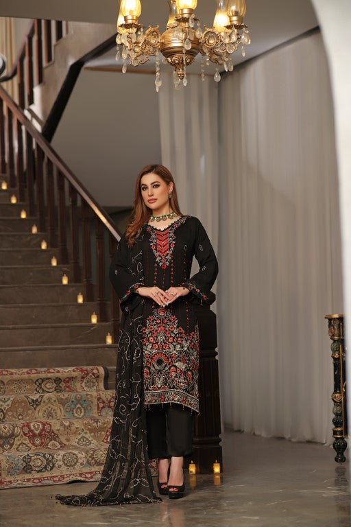 Black 3 piece Semi stitched suit. All over shirt with Heavy Dupatta.