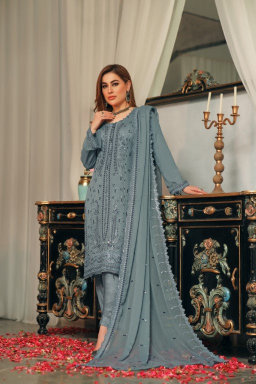 Gray 3 piece Semi stitched suit. All over shirt with Heavy Dupatta.