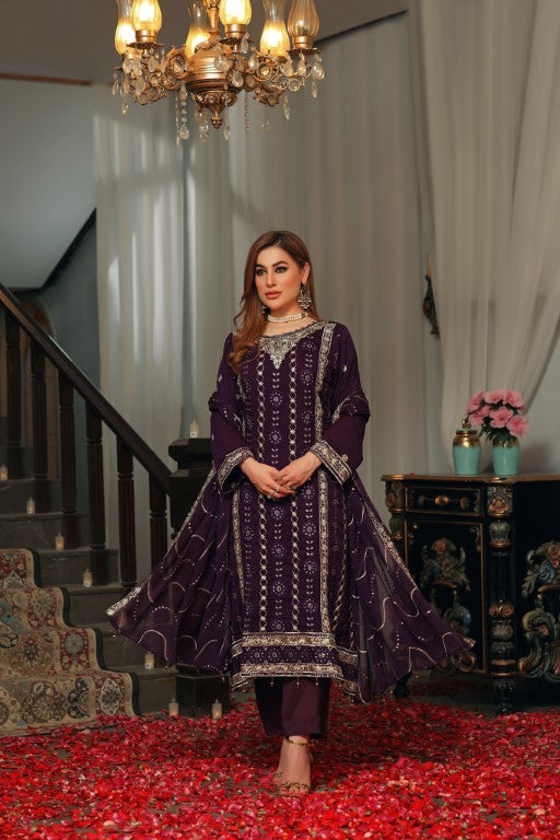 Purple 3 piece Semi stitched suit. All over shirt with Heavy Dupatta.